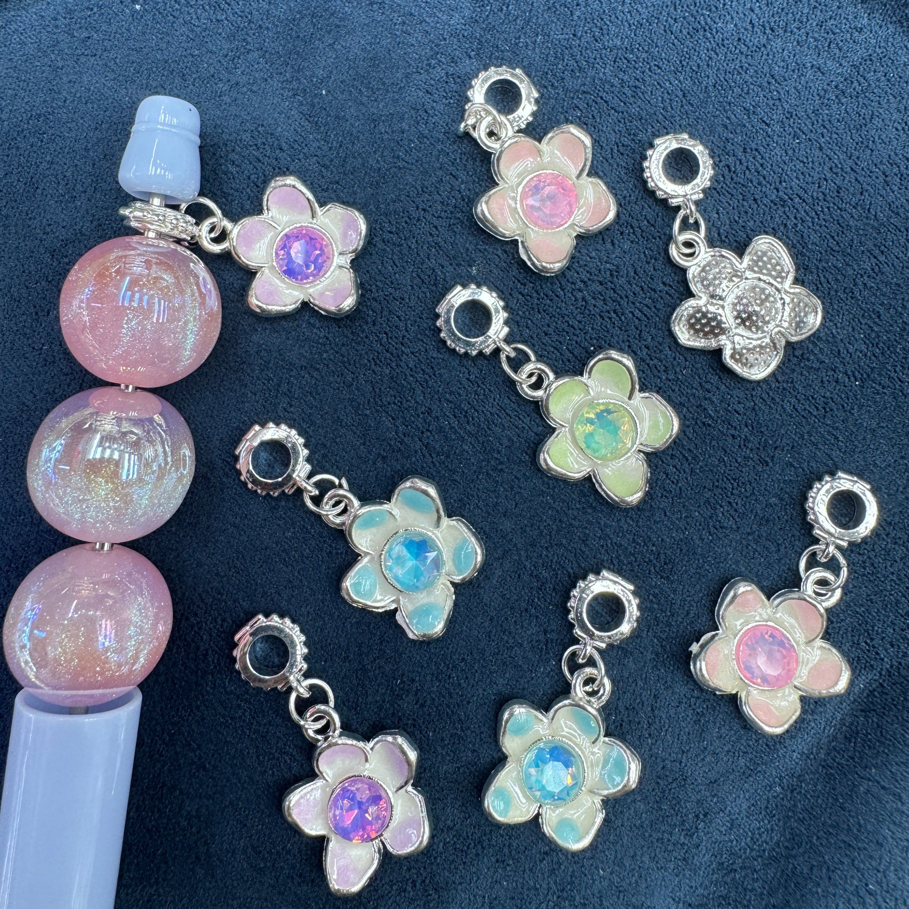 Shiny Silver Rhinestone Center Flower Enamel Shaped Metal Charms Random Mix For  Pen Toppers