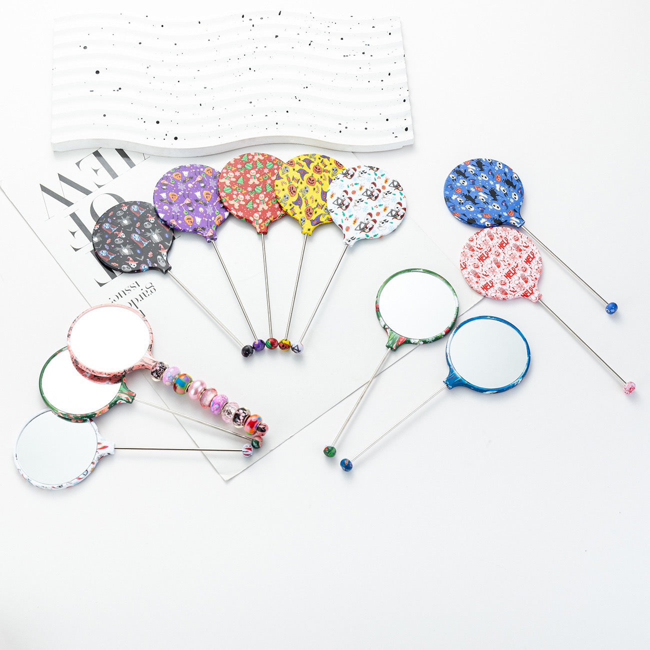 Halloween Christmas Print Beadable Round Handheld Makeup Mirror Series