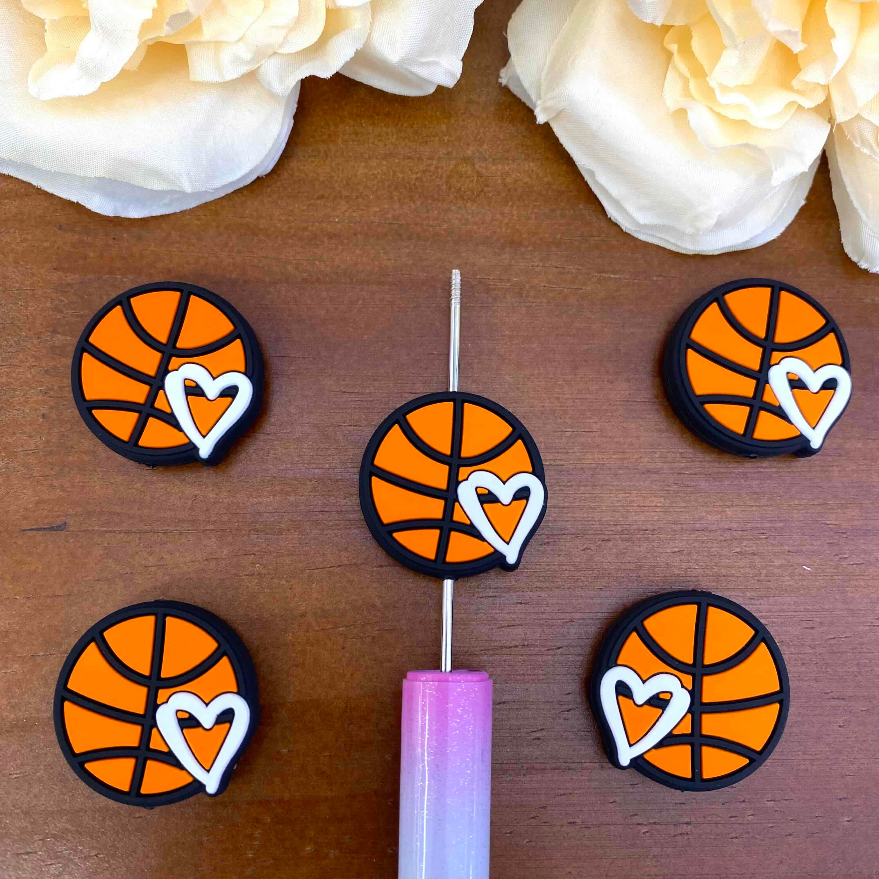 FS20614-Basketball Heart Flat Silicone Focal Beads