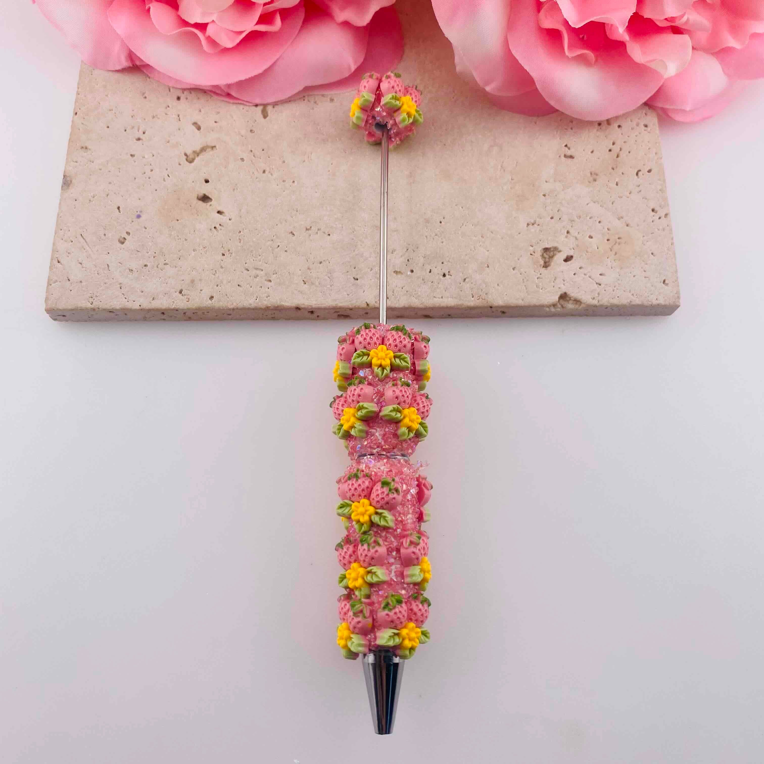 FS19798-Pink Strawberry Floral Clay Beaded Pens