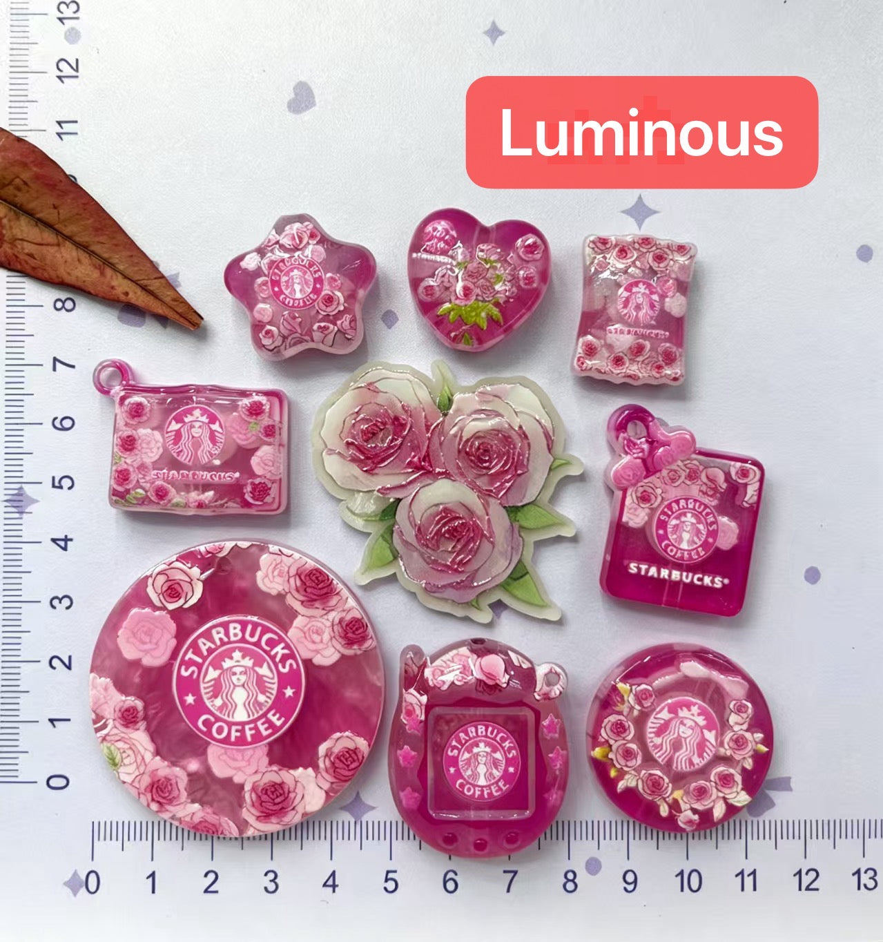 Acrylic Beads Pendants Pink Rose Luminous Coffee Theme,Random Mix