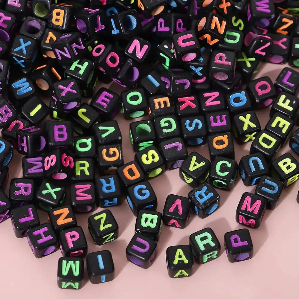 6*6MM Square Black Background Colorful English Letter Acrylic Beads 6*6MM Square Silver Based Colorful English Letter Acrylic Beads for  DIY Jewellery Making, Bracelets Necklaces Zoe DIY Wholesale