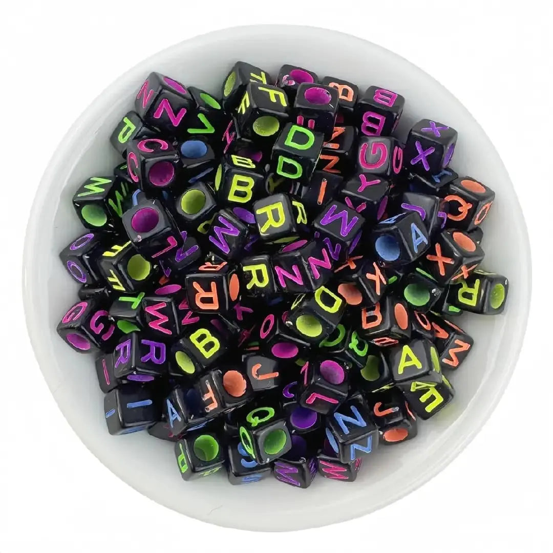 6*6MM Square Black Background Colorful English Letter Acrylic Beads 6*6MM Square Silver Based Colorful English Letter Acrylic Beads for  DIY Jewellery Making, Bracelets Necklaces Zoe DIY Wholesale