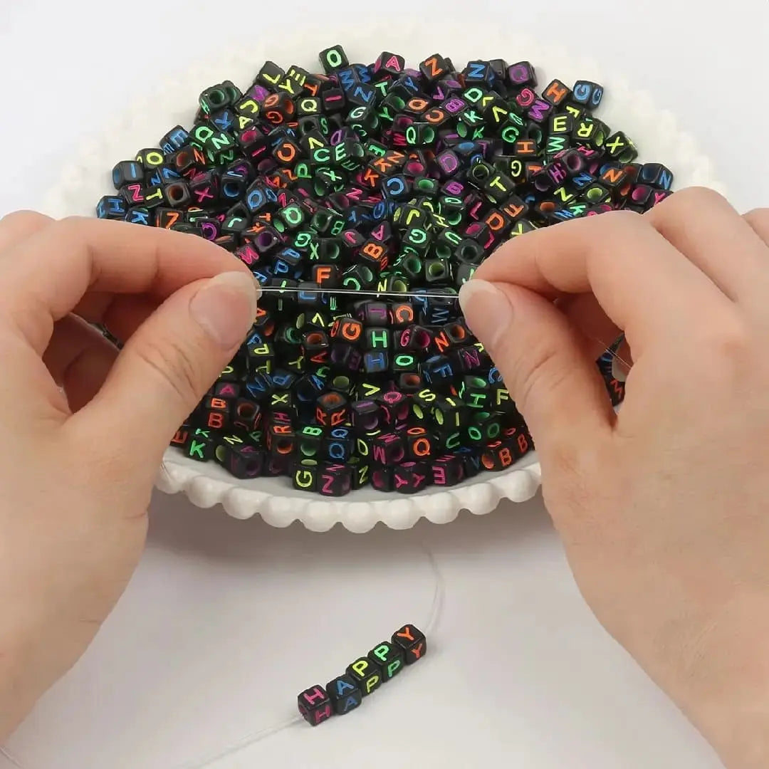 6*6MM Square Black Background Colorful English Letter Acrylic Beads 6*6MM Square Silver Based Colorful English Letter Acrylic Beads for  DIY Jewellery Making, Bracelets Necklaces Zoe DIY Wholesale