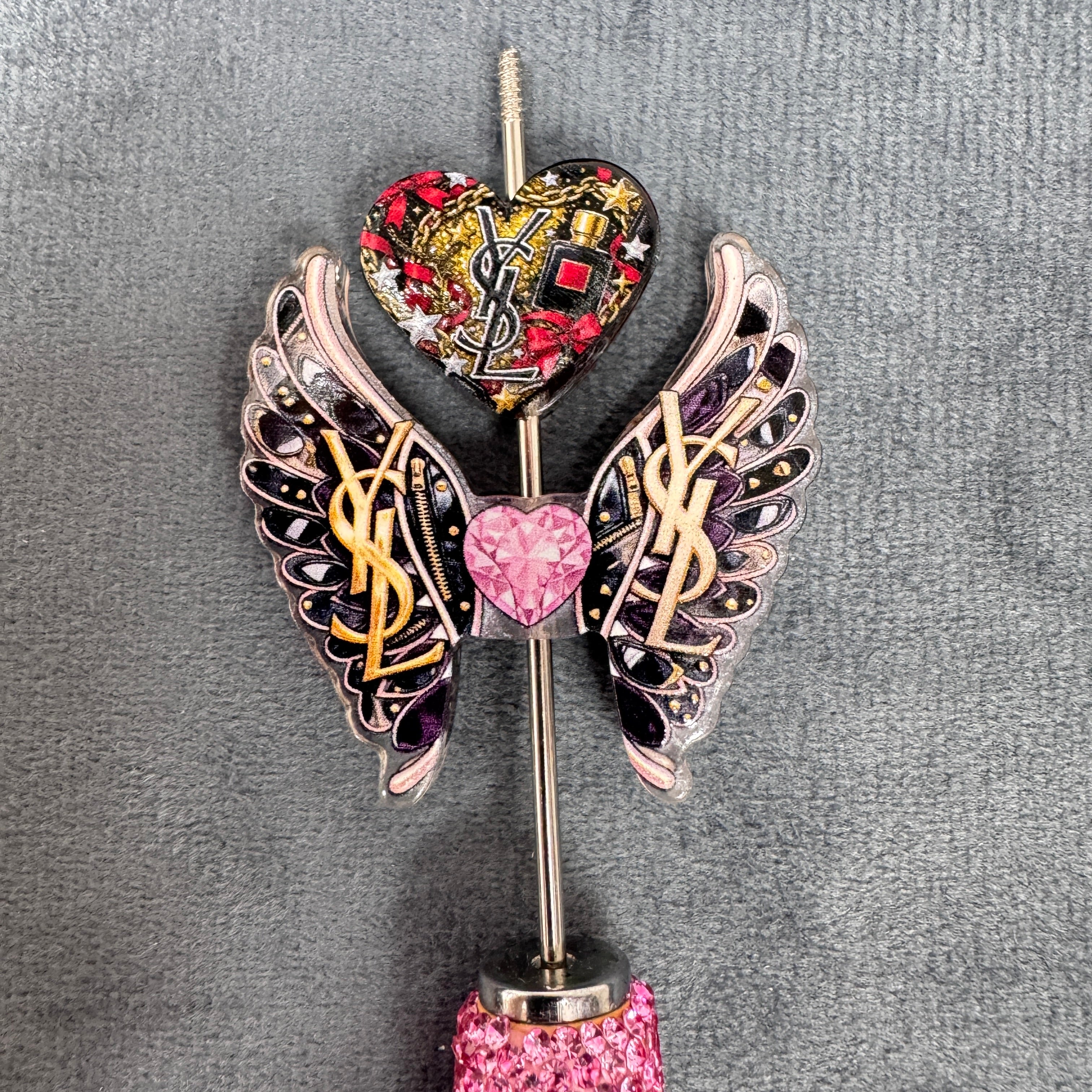 Punk Black‑Gold Glitter Heart‑Wings Acrylic Beads