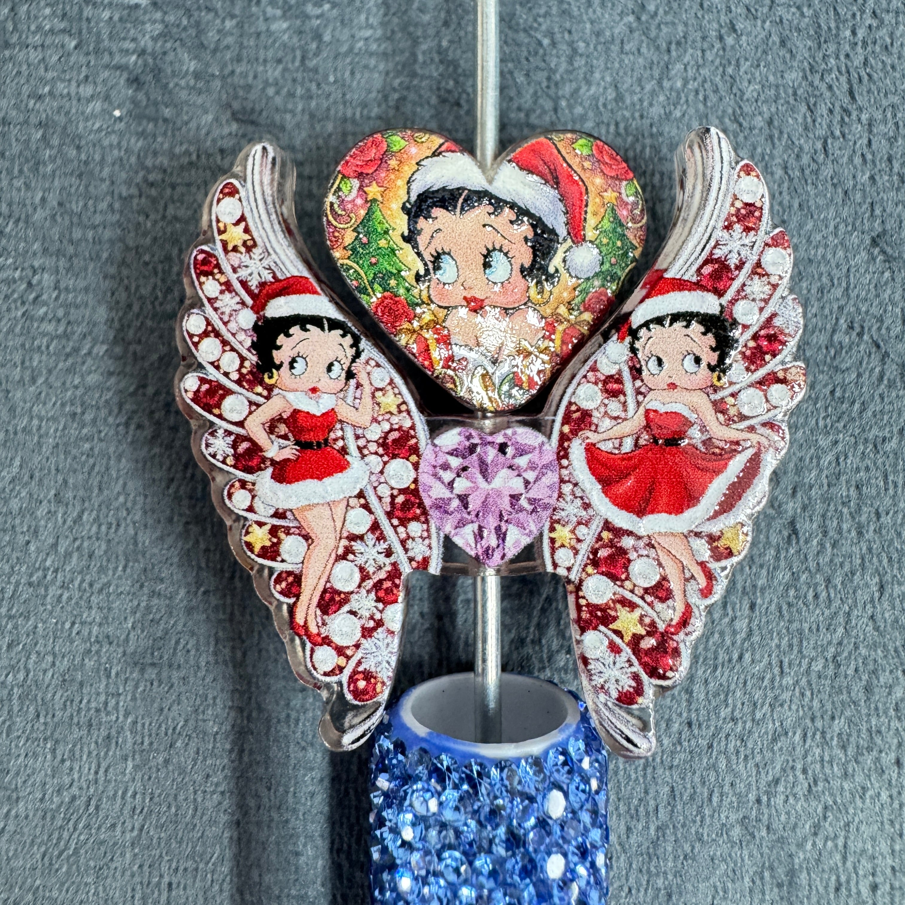 Sweet Old Girl Character Christmas Style Heart‑Wings Acrylic Beads