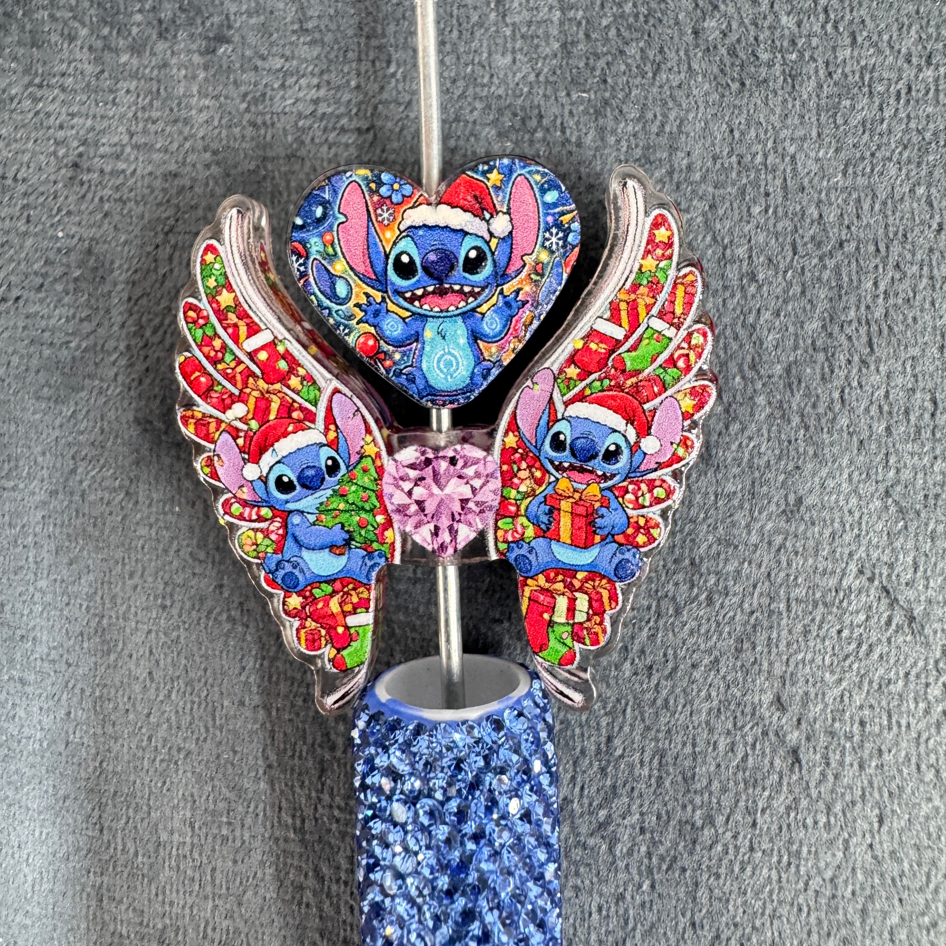 Cute Blue Purple Furry Martian Christmas Style Heart‑Wings Acrylic Beads