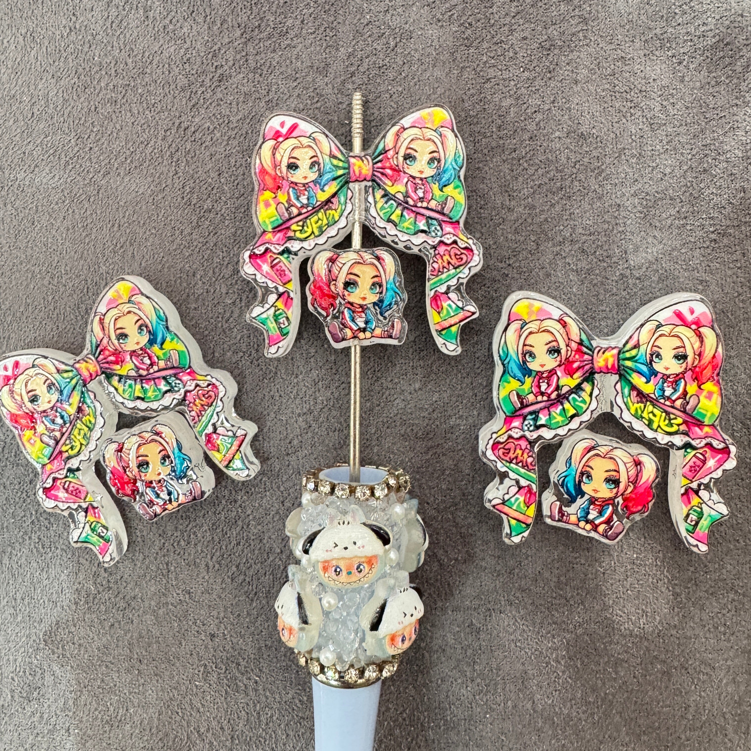 Cute Cartoon Girl with Pink & Blue Pigtails Lace Bow Acrylic Beads Bow and Decoration