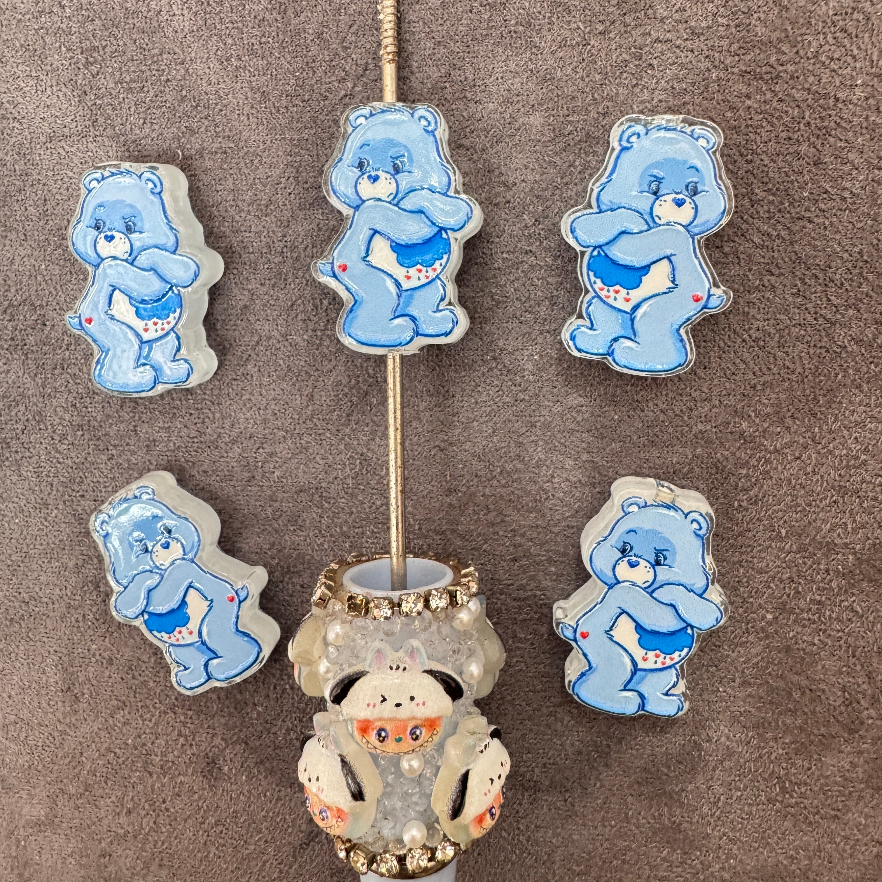 Cute Blue Grumpy Cartoon Bear Acrylic Focal Beads