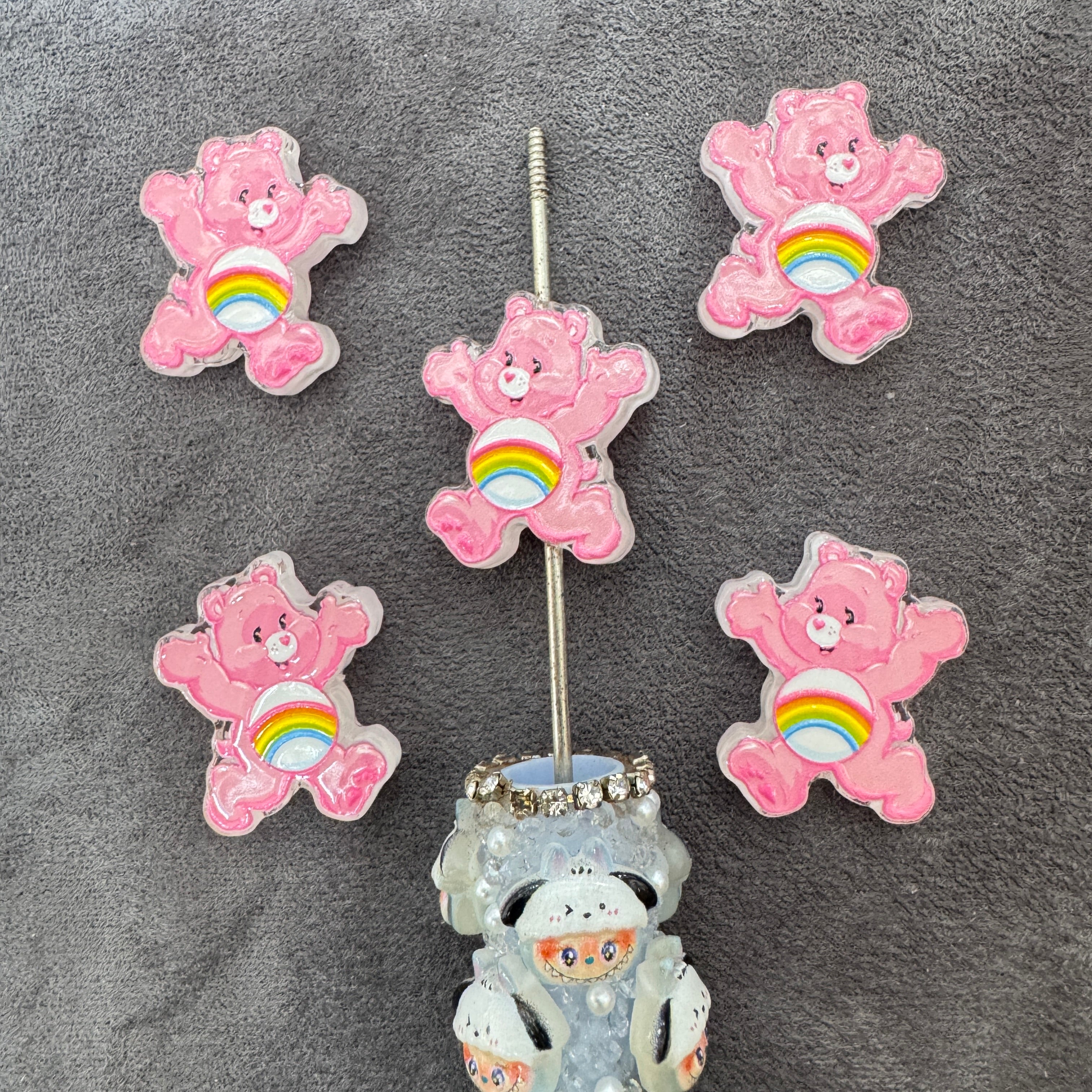 Cute Pink Happy Cartoon Bear with Rainbow Belly Print Acrylic Focal Beads