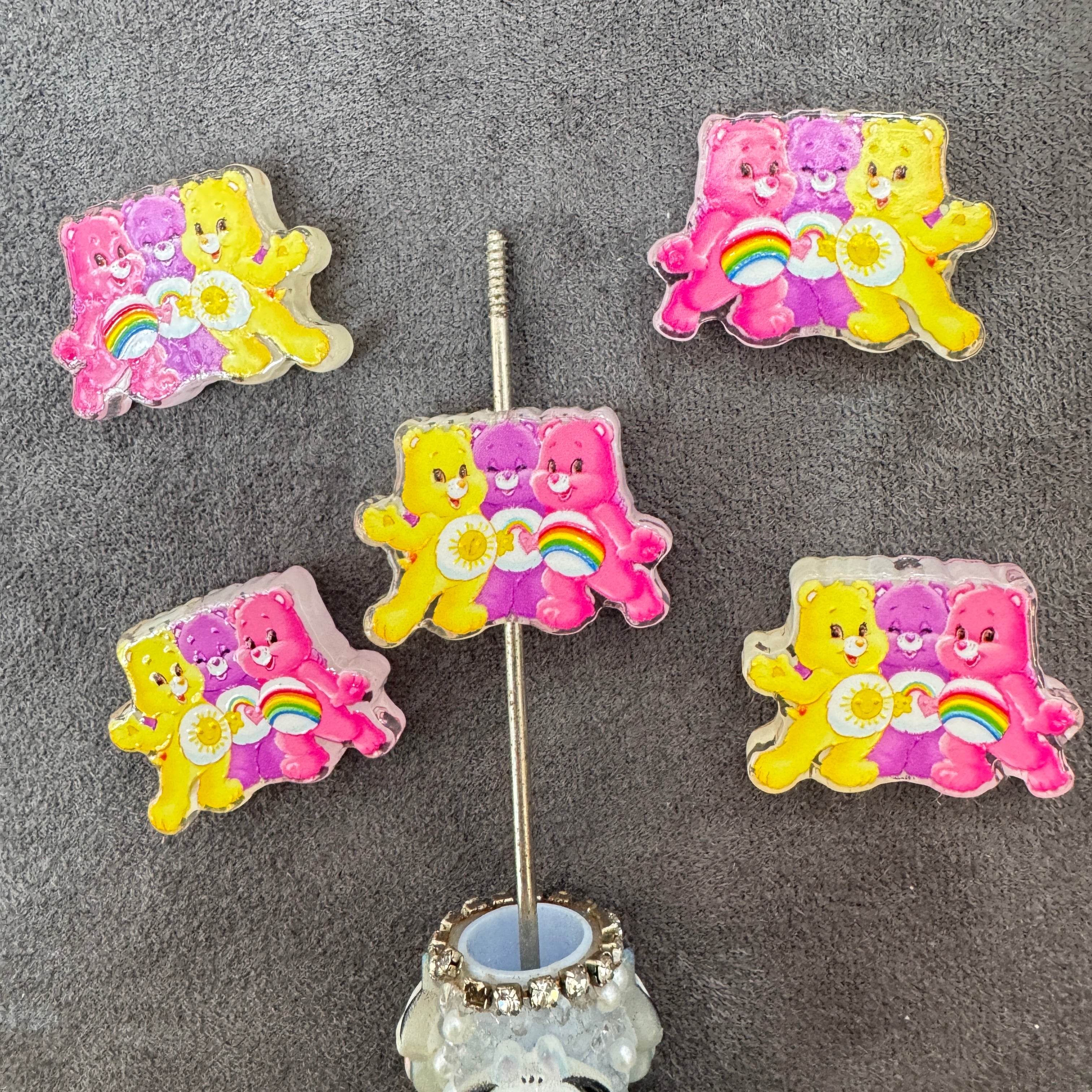 Multi‑Color Three Cute Cartoon Bears with Rainbow Sun Heart Print Acrylic Focal Beads