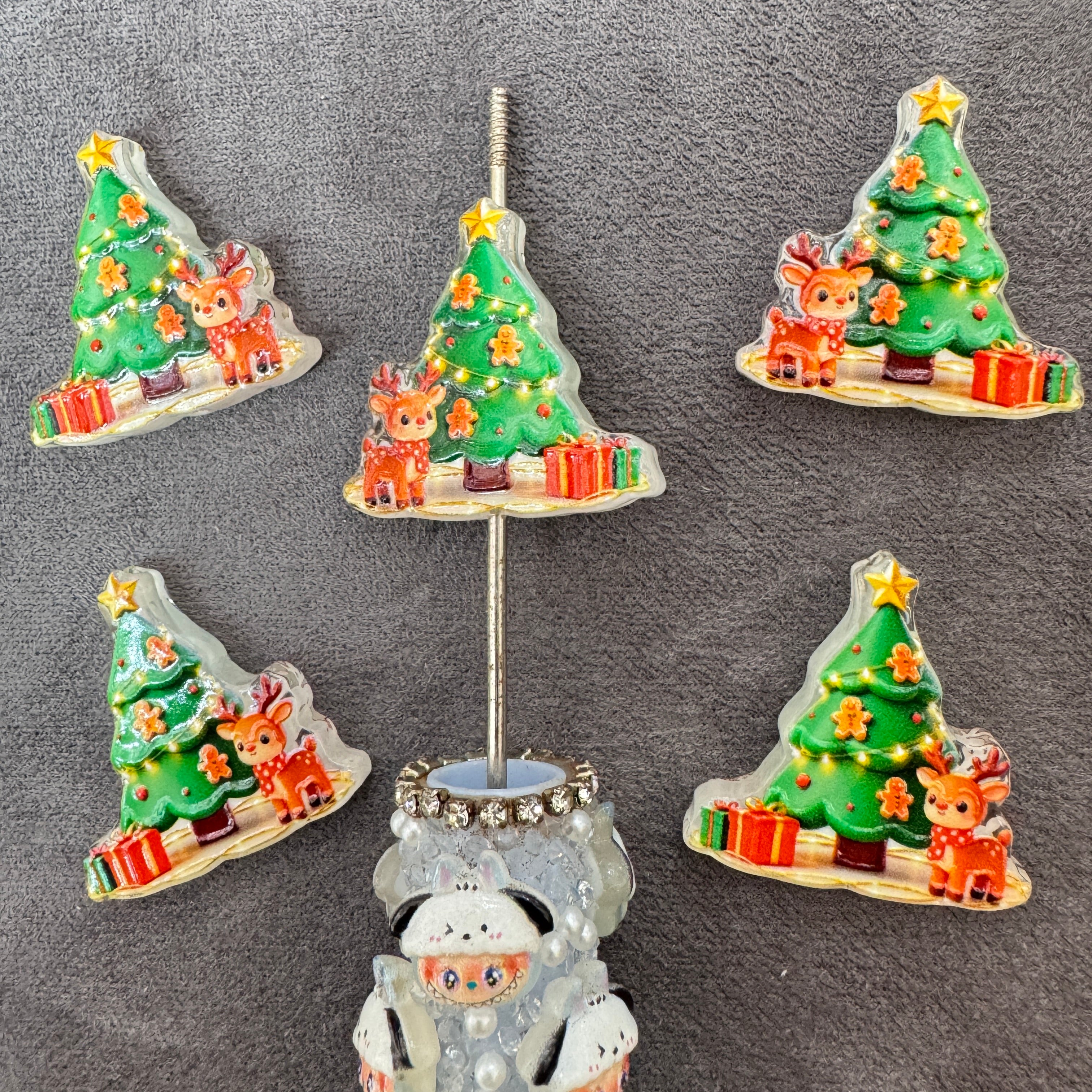 Christmas Tree with Deer Gingerbread Man Gift Box Printed Acrylic Focal Beads