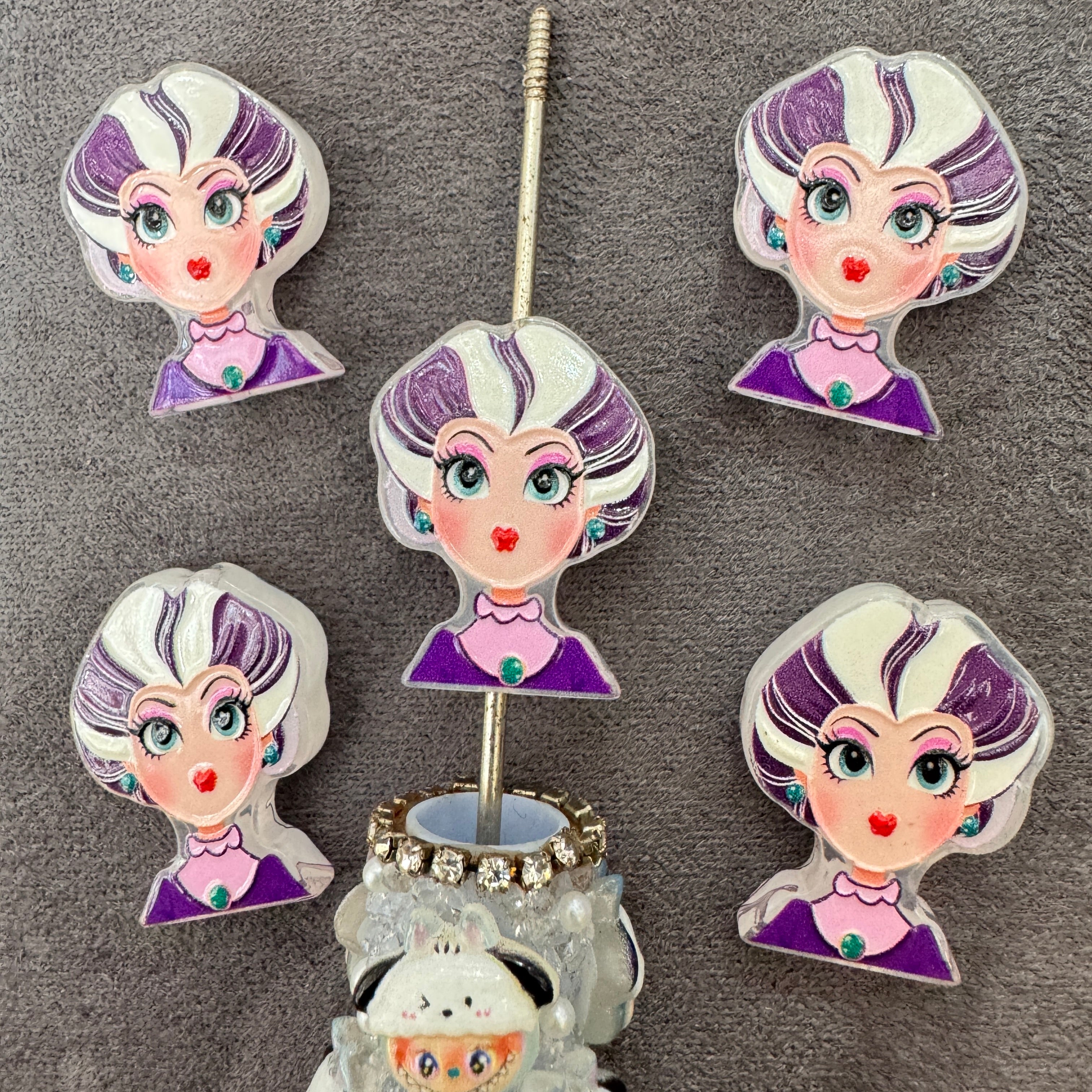 Purple White Curly Hair Cartoon Lady Acrylic Focal Beads