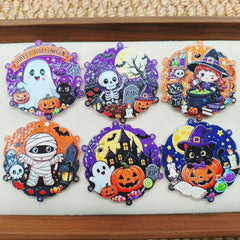 Halloween Ghost Black Cat Pumpkin Round Acrylic Focal Beads, Wavy Edged Flat Round Shape, Random Mix