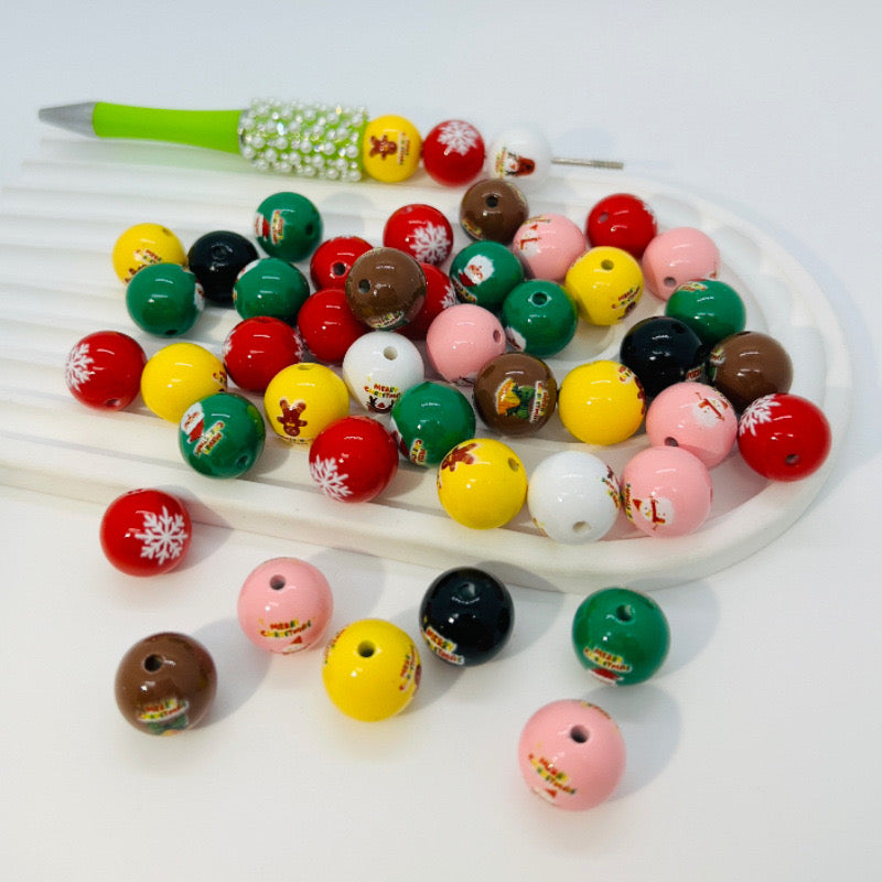 FS0412-Random Mixed Color 16mm Christmas Printed Acrylic Beads Fit For Beadable Pens