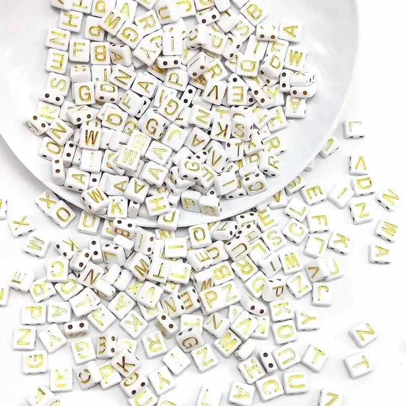 8MM Double-hole White Background Gold Letter English  Alphabet Acrylic Beads for for Bracelets, Necklaces, Jewellery, DIY Zoe DIY Wholesale