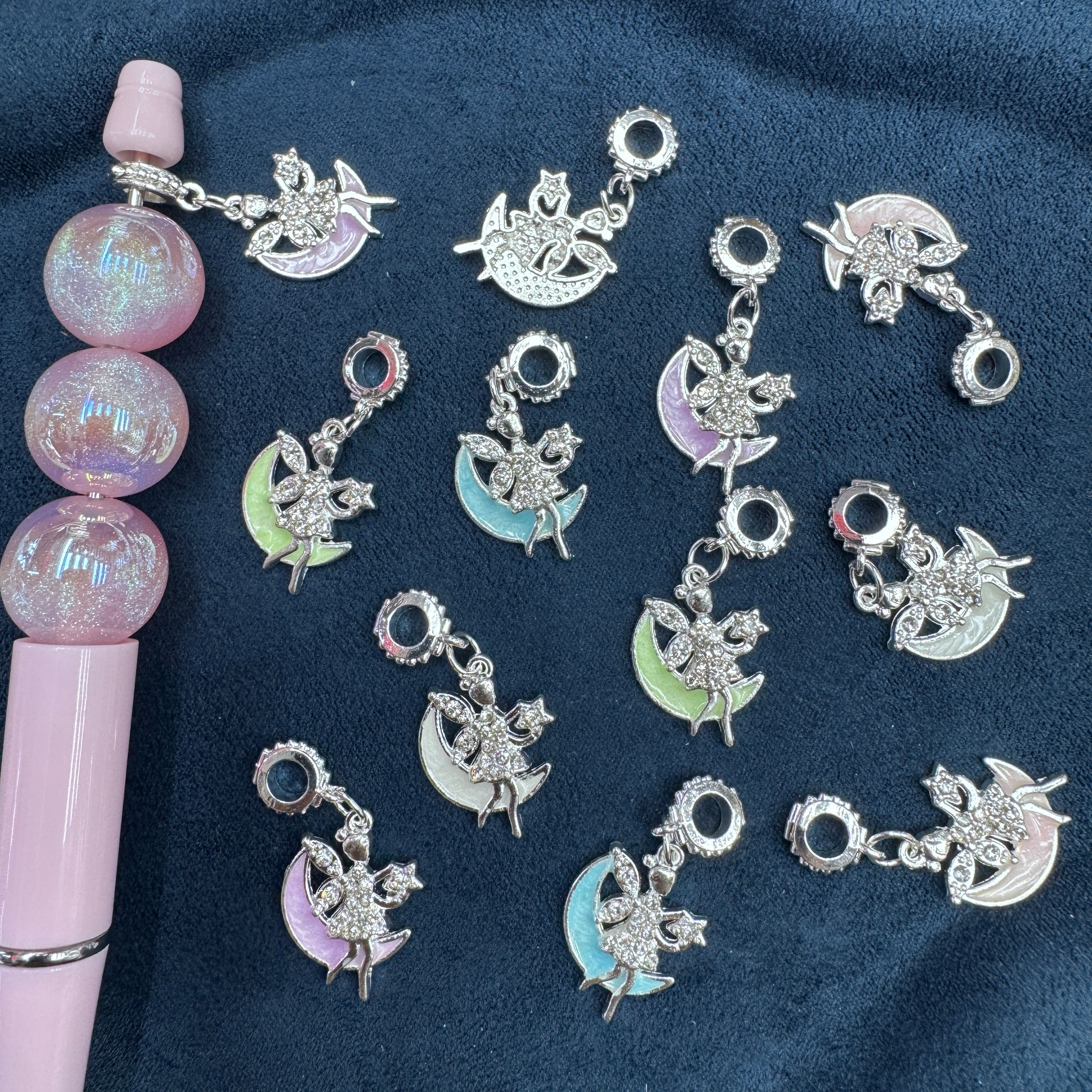 Shiny Silver Rhinestone Moon Fairy Enamel Shaped Metal Charms For  Pen Toppers,Random Mix