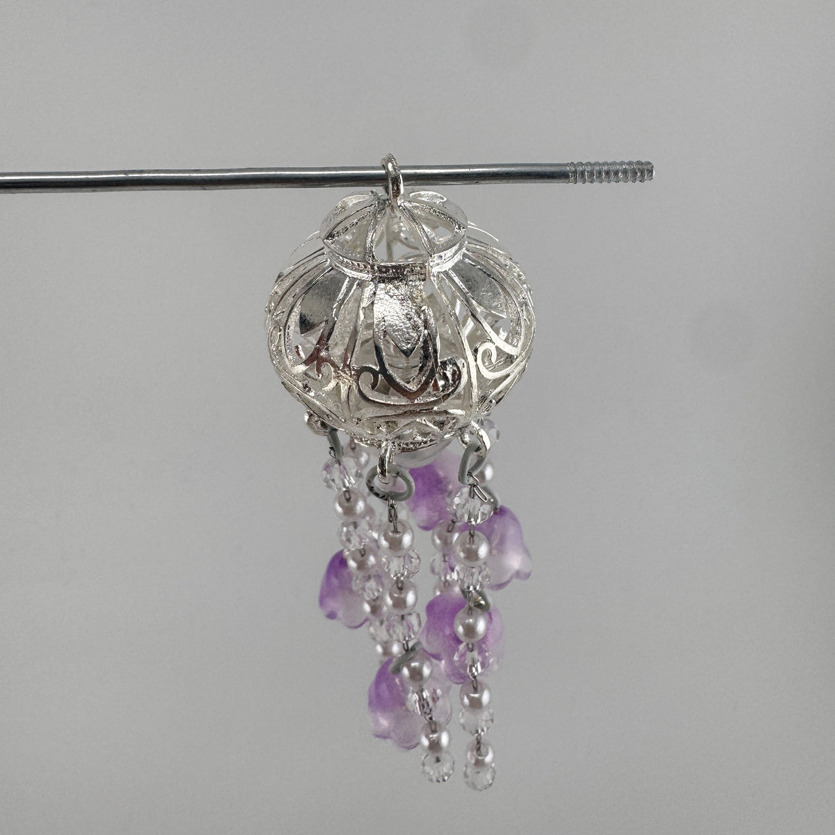 Silver Hollow Cage Beaded Charm with Purple Frosted Bell Flowers, Handmade Pendant for DIY Jewelry