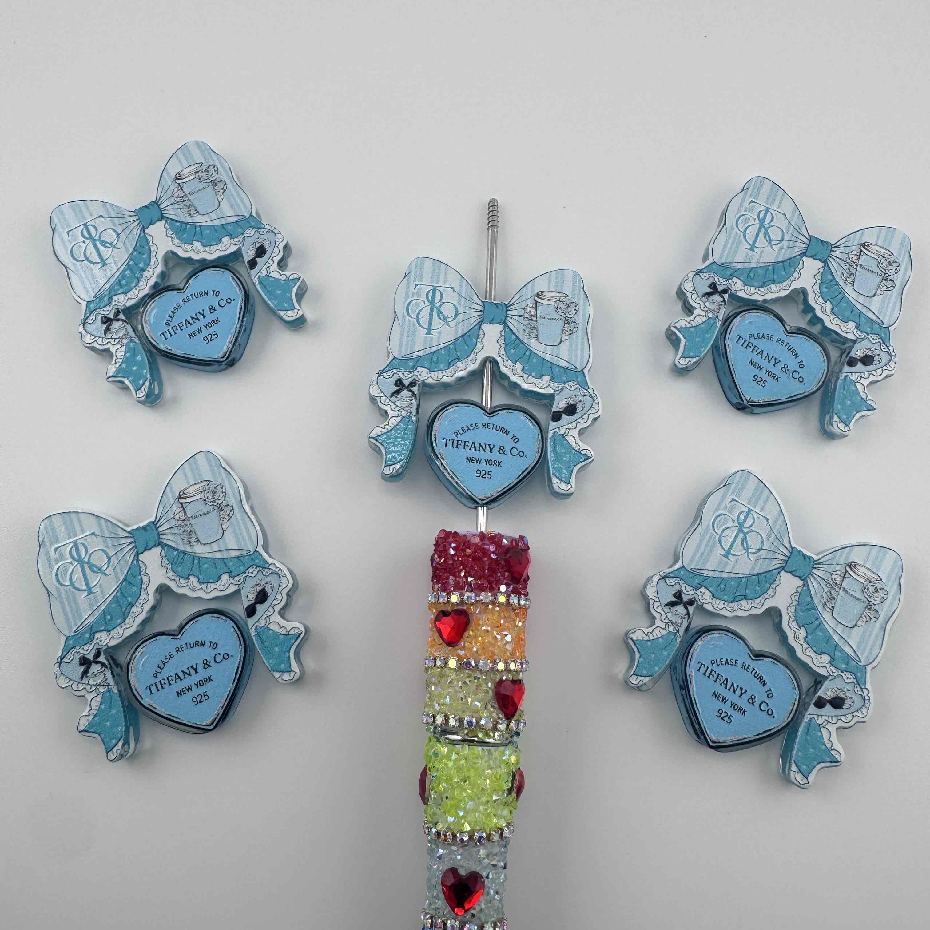 FS20043-Tiffany Blue Striped Lace Bow Acrylic Focal Beads