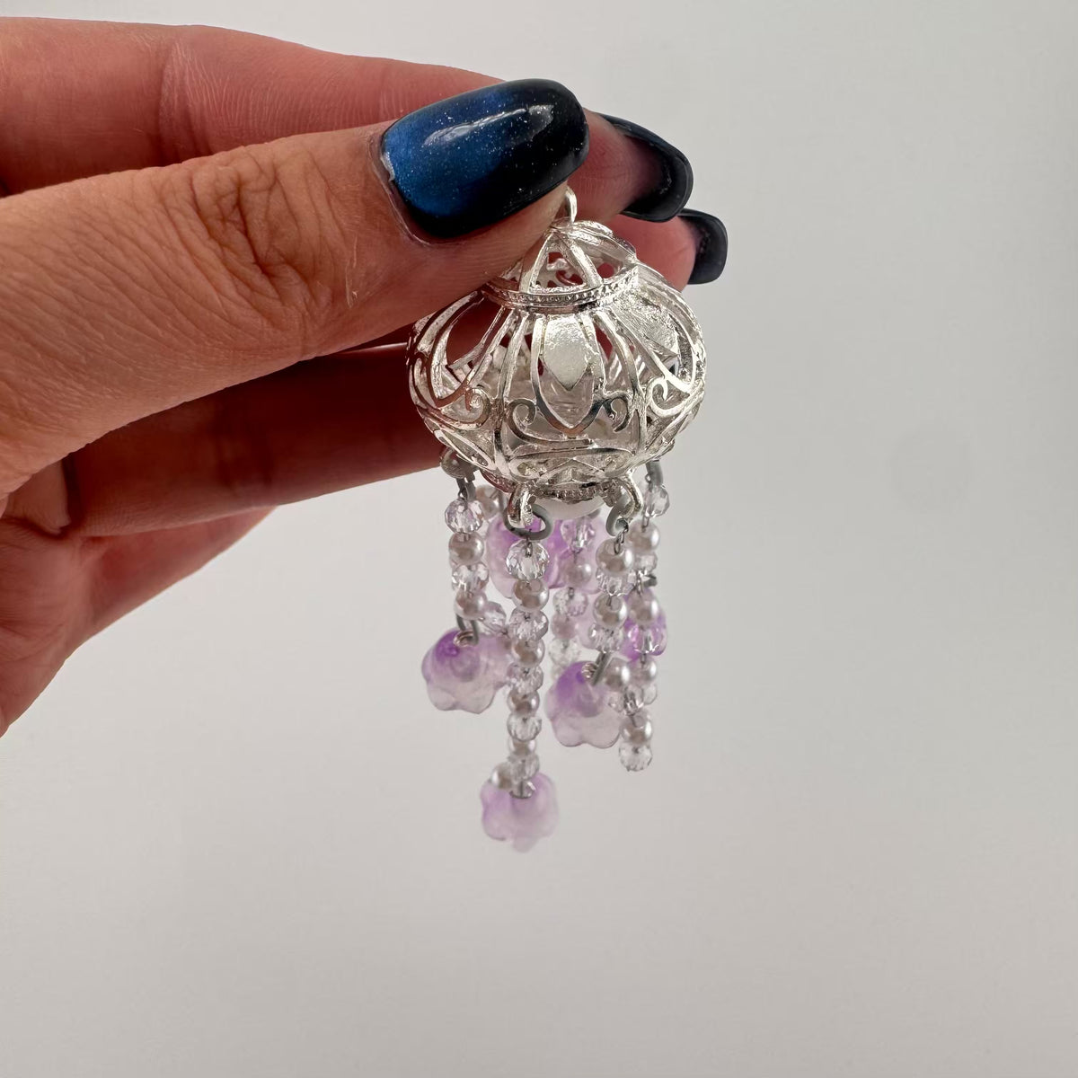 Silver Hollow Cage Beaded Charm with Purple Frosted Bell Flowers, Handmade Pendant for DIY Jewelry