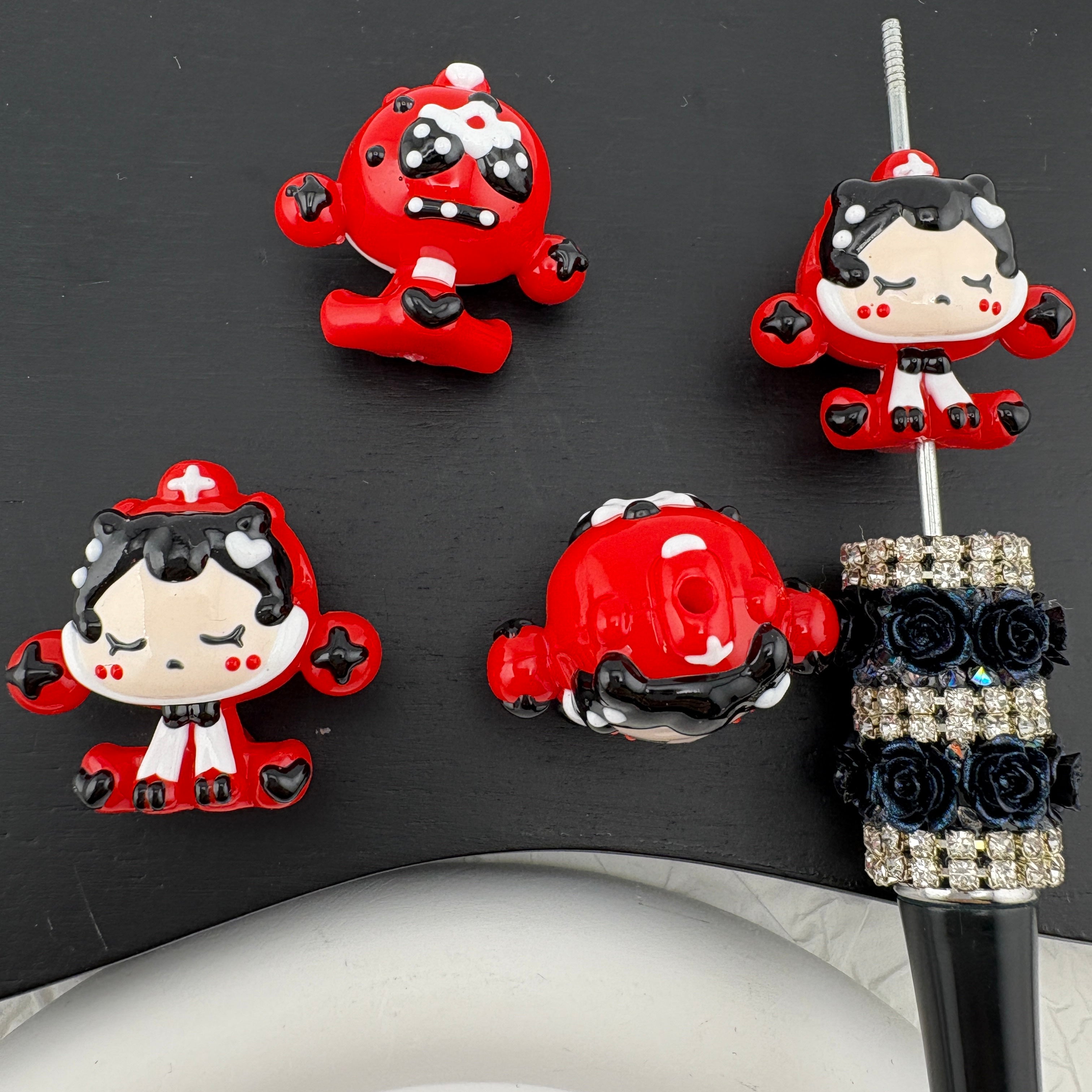 FS2565- 5PCS Red SP black strawberry Hand-painted Beads Fit for Pens