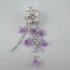 Silver Hollow Cage Beaded Charm with Purple Frosted Bell Flowers, Handmade Pendant for DIY Jewelry