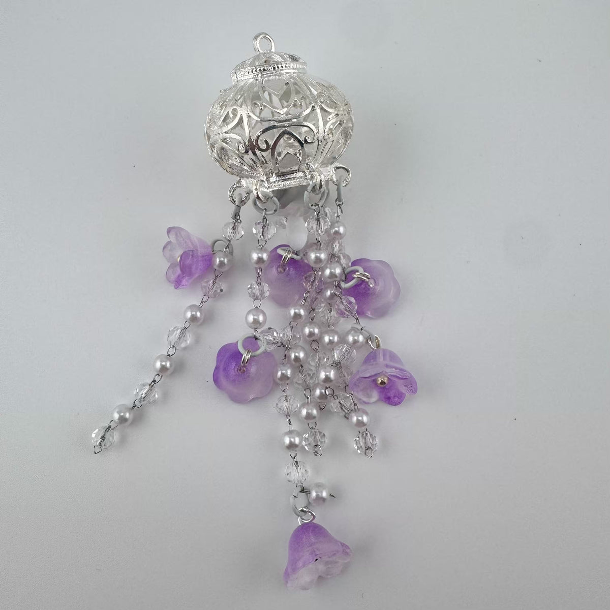 Silver Hollow Cage Beaded Charm with Purple Frosted Bell Flowers, Handmade Pendant for DIY Jewelry