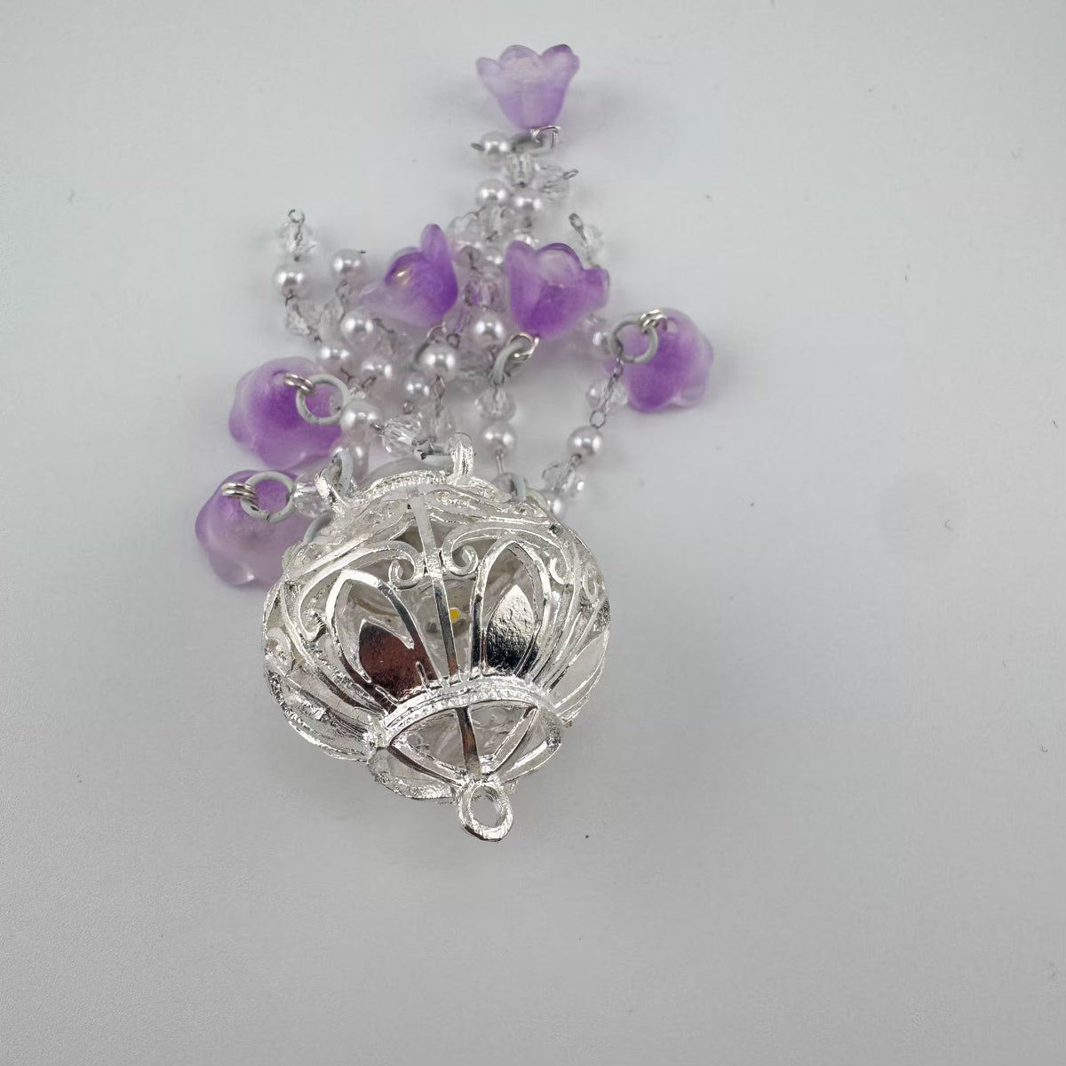 Silver Hollow Cage Beaded Charm with Purple Frosted Bell Flowers, Handmade Pendant for DIY Jewelry
