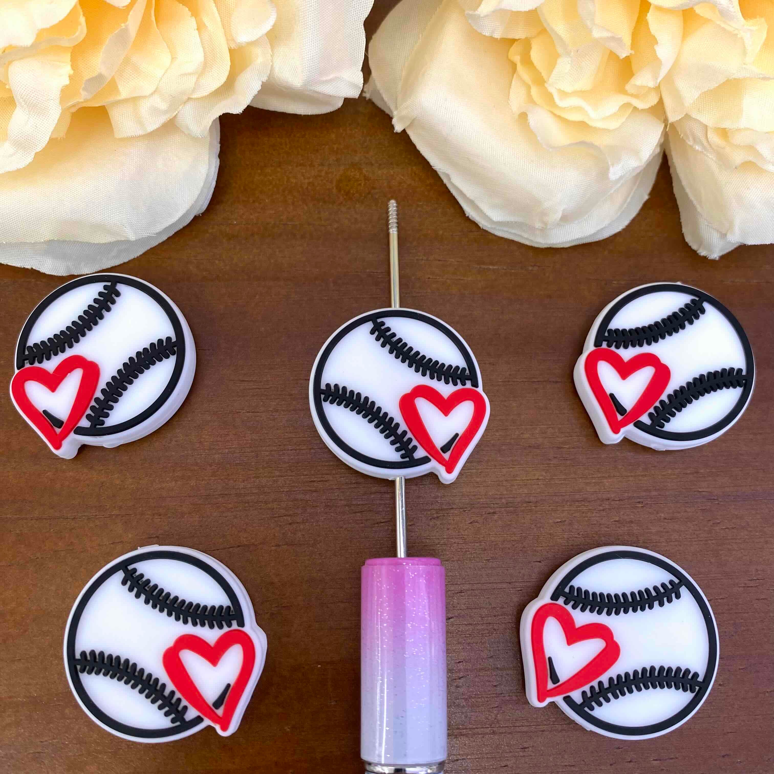 FS20610-Baseball Heart Flat Silicone Focal Beads