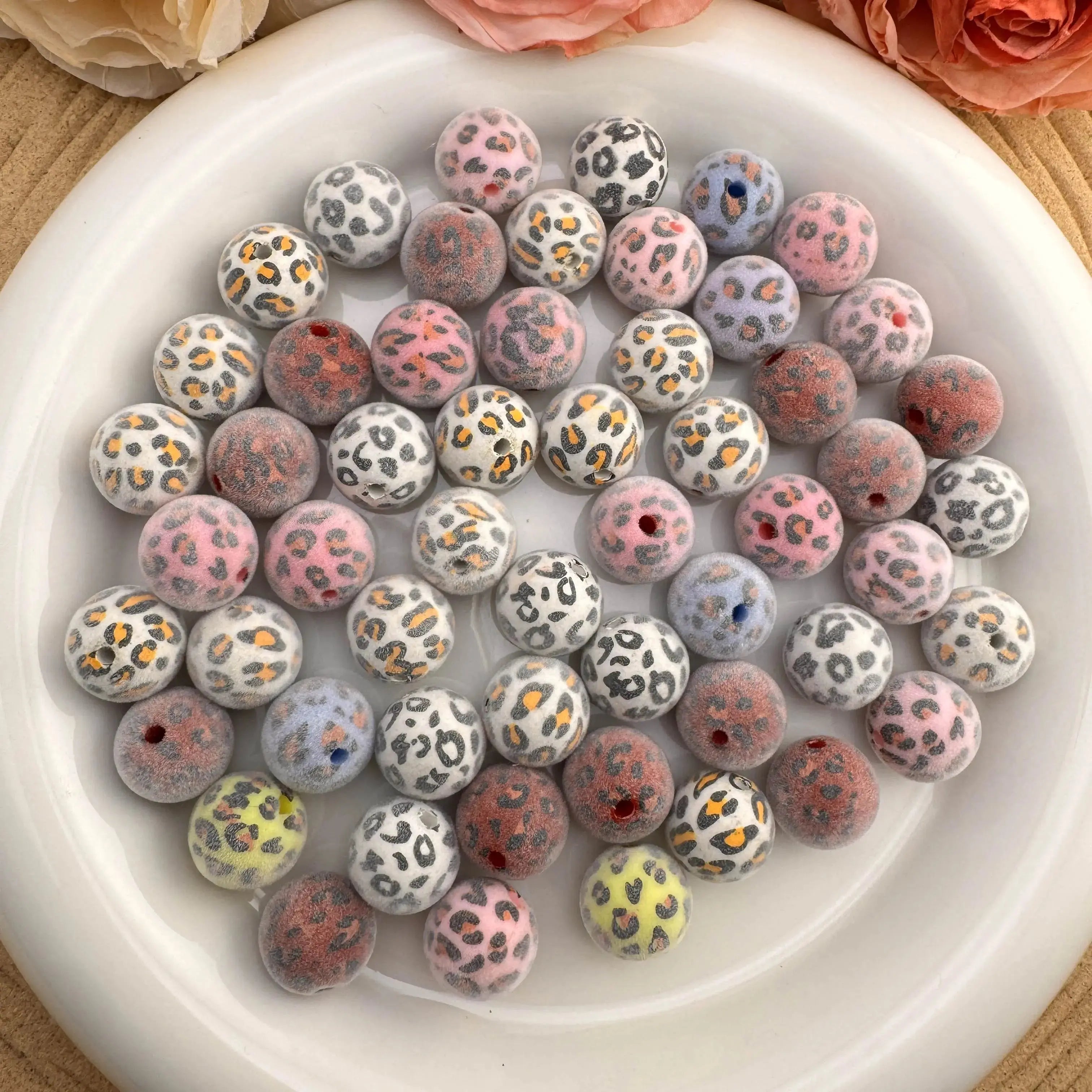 FS10047-16mm Leopard Printed Flocked Acrylic Beads Fit For Beadable Pens - Zoe DIY Wholesale