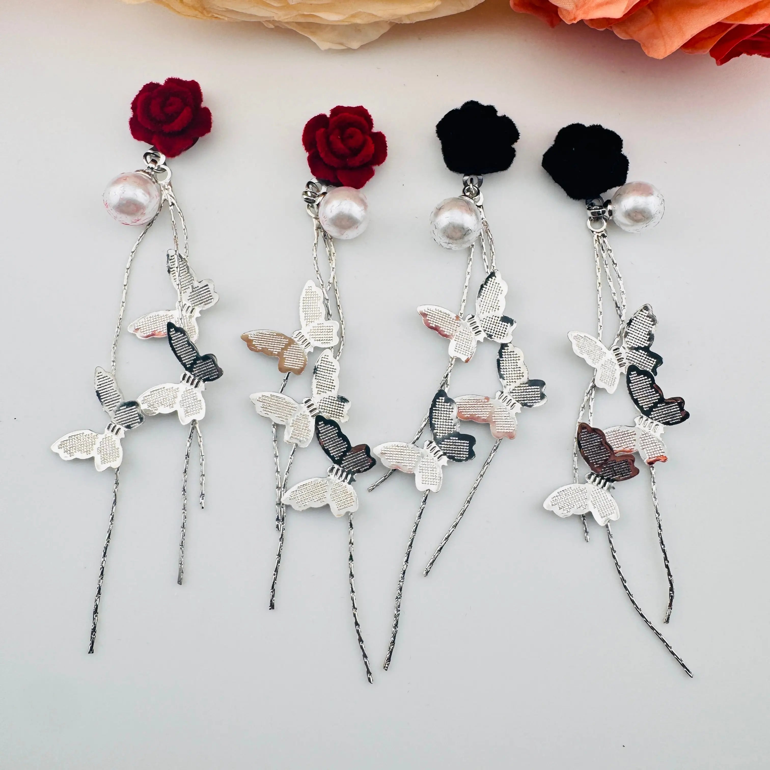 FS101102-Flocked Roses With Butterfly Dangle Nail Charms For Making Fancy Beads Or Fancy Beadable Pens Zoe DIY Wholesale