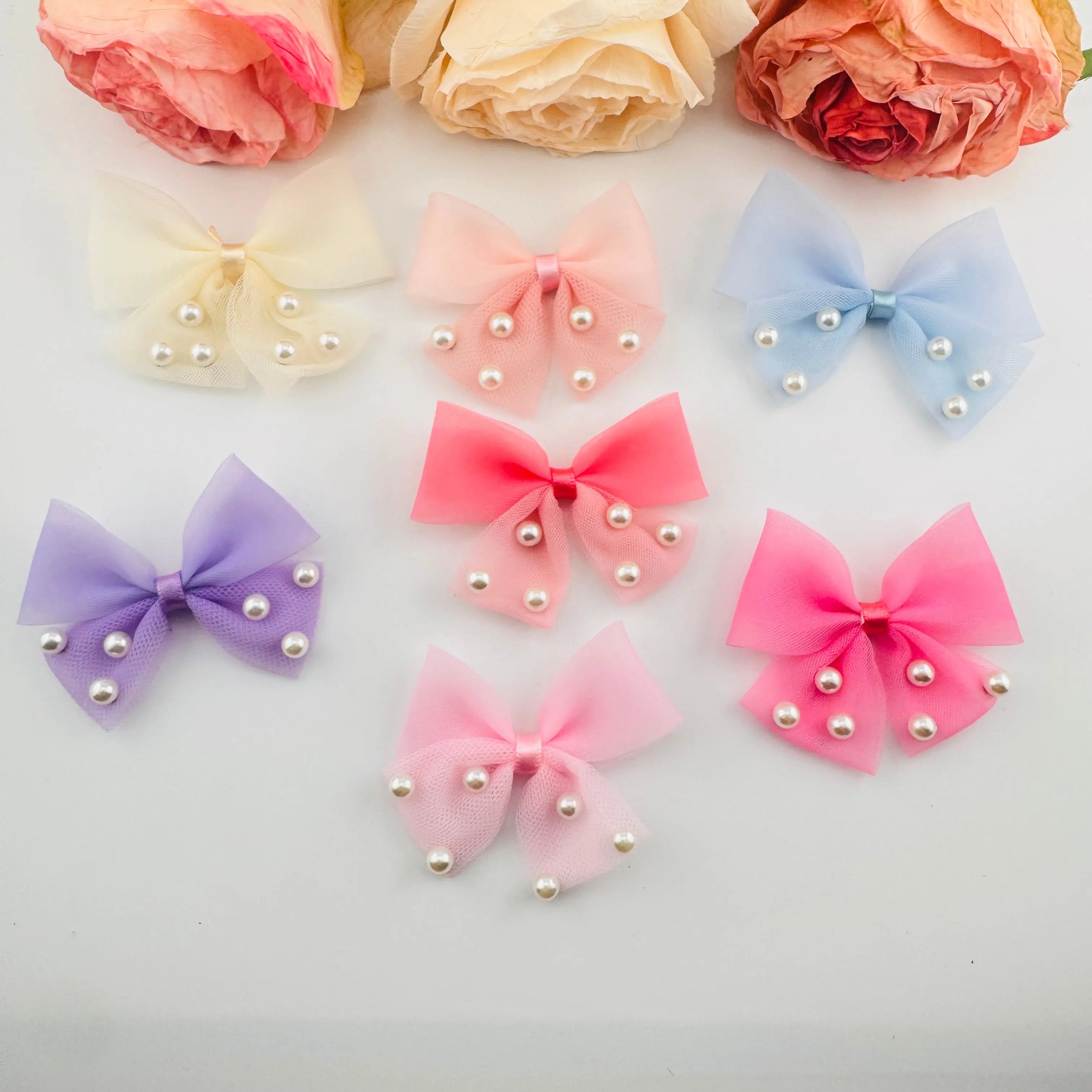 FS101576-About 7×8.5cm Pearl Farbic Bow For Making Fancy Beads Zoe DIY Wholesale