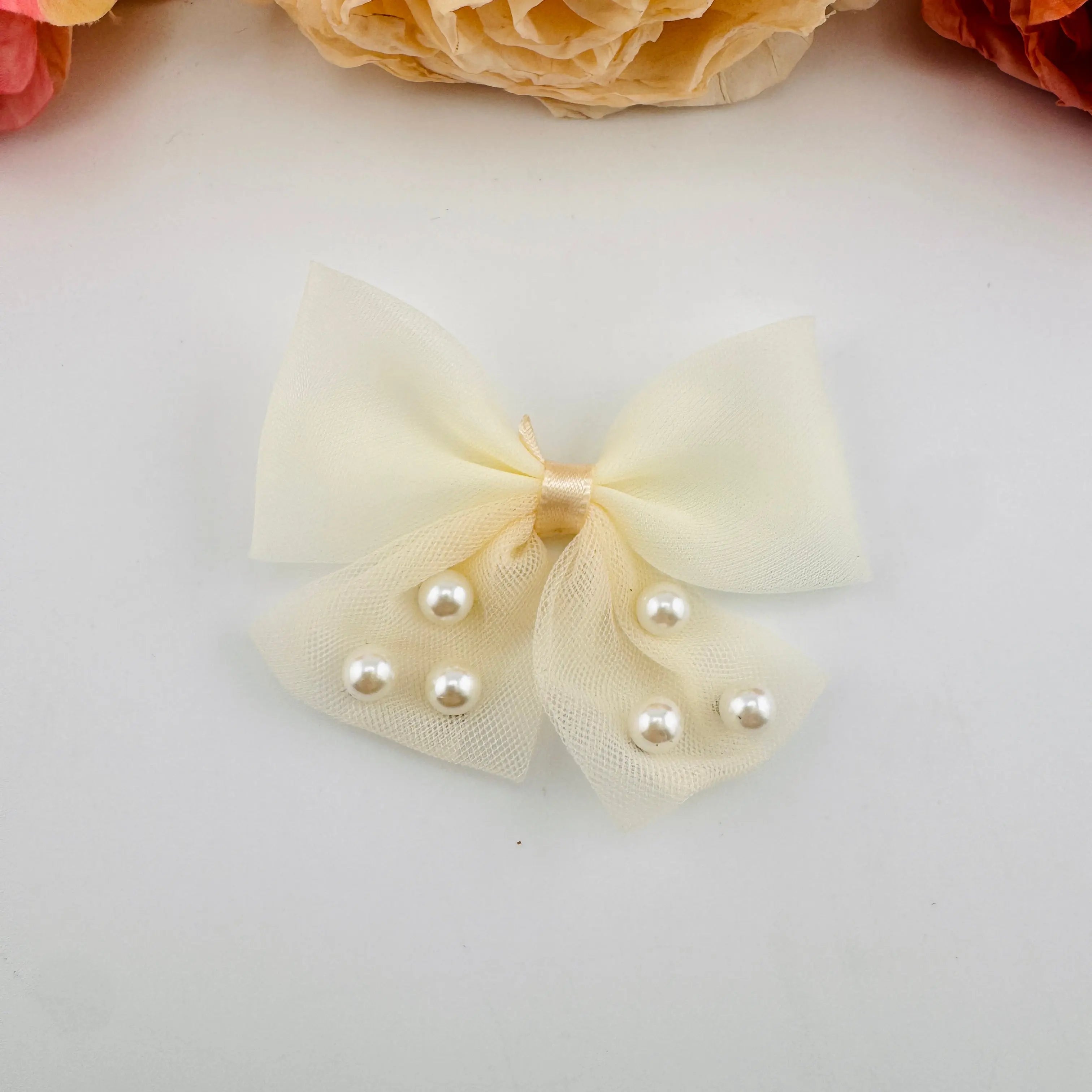 FS101576-About 7×8.5cm Pearl Farbic Bow For Making Fancy Beads Zoe DIY Wholesale