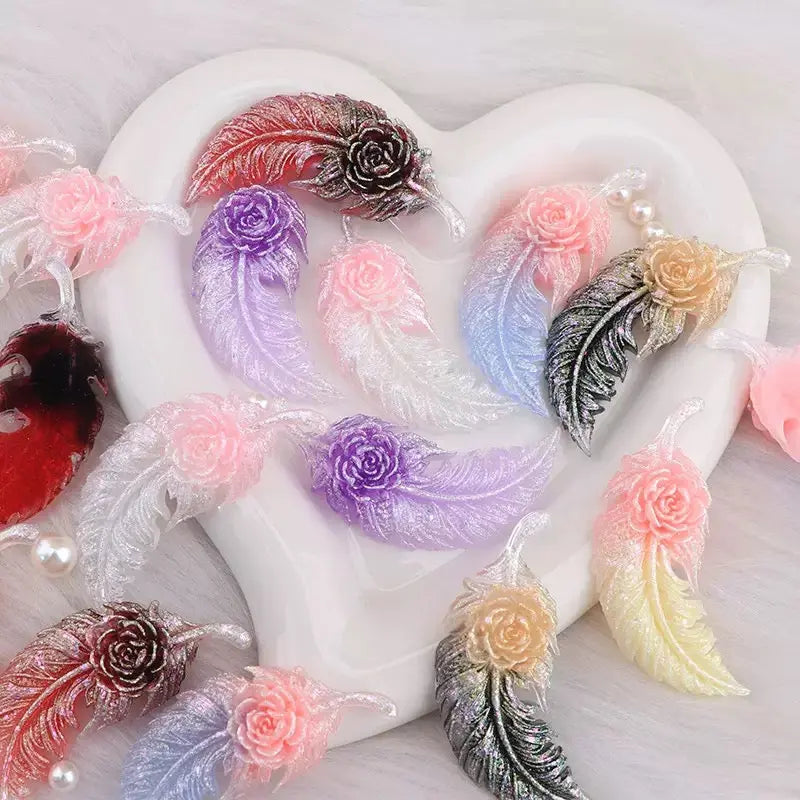 FS10408-About 60×25mm Luminous Feather Rose Resin Patch Zoe DIY Wholesale