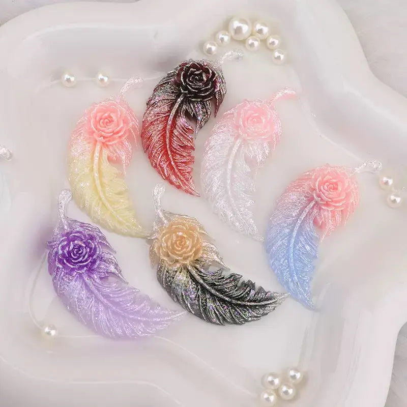 FS10408-About 60×25mm Luminous Feather Rose Resin Patch Zoe DIY Wholesale