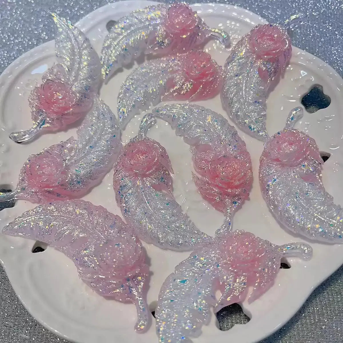 FS10408-About 60×25mm Luminous Feather Rose Resin Patch Zoe DIY Wholesale