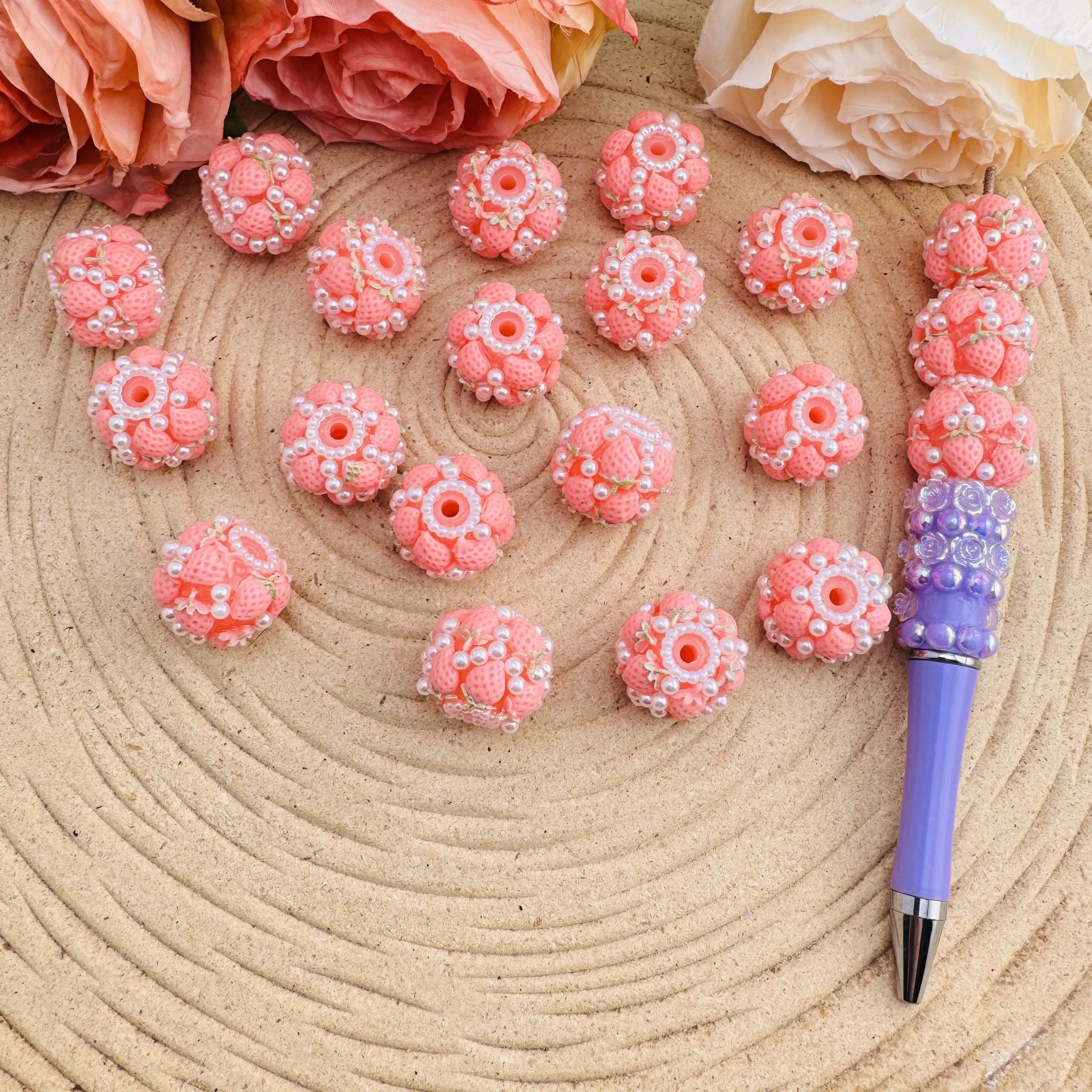 FS10482-18mm Pink Strawberry Fancy Beads Fit For Beadable Pens Keychain Jewelry Making - Zoe DIY Wholesale
