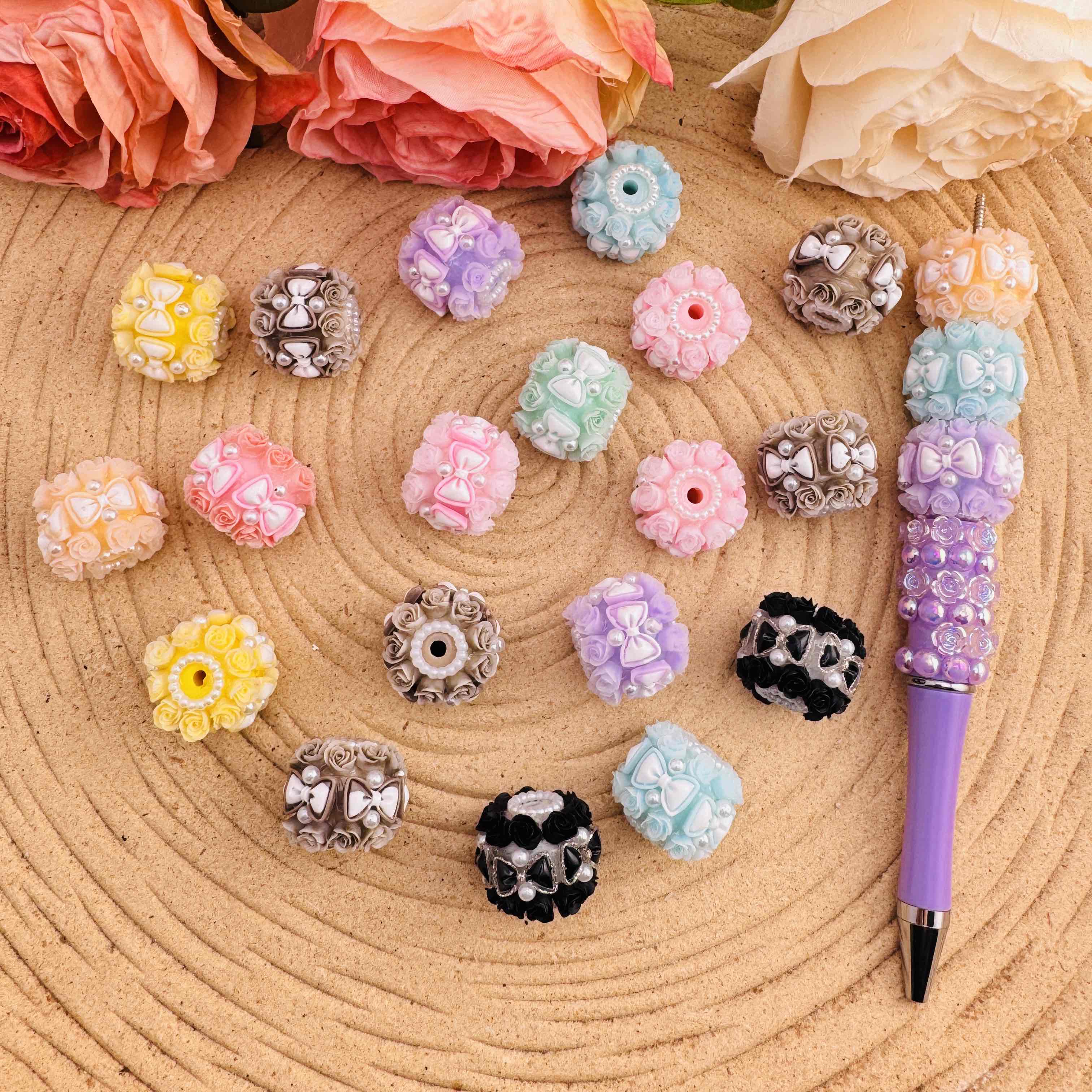 FS10483-18mm Random Mixed Luminous Flower Fancy Beads For Beadable Pens Keychain Jewelry Making - Zoe DIY Wholesale