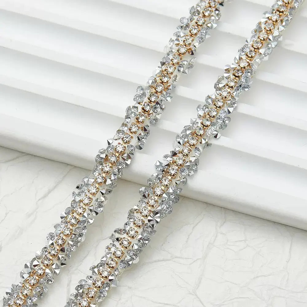 FS1301-0.9cm Width Sugar Diamonds Wraps tapes With Gold Chain In Middle For Making Fancy Bead Zoe DIY Shop
