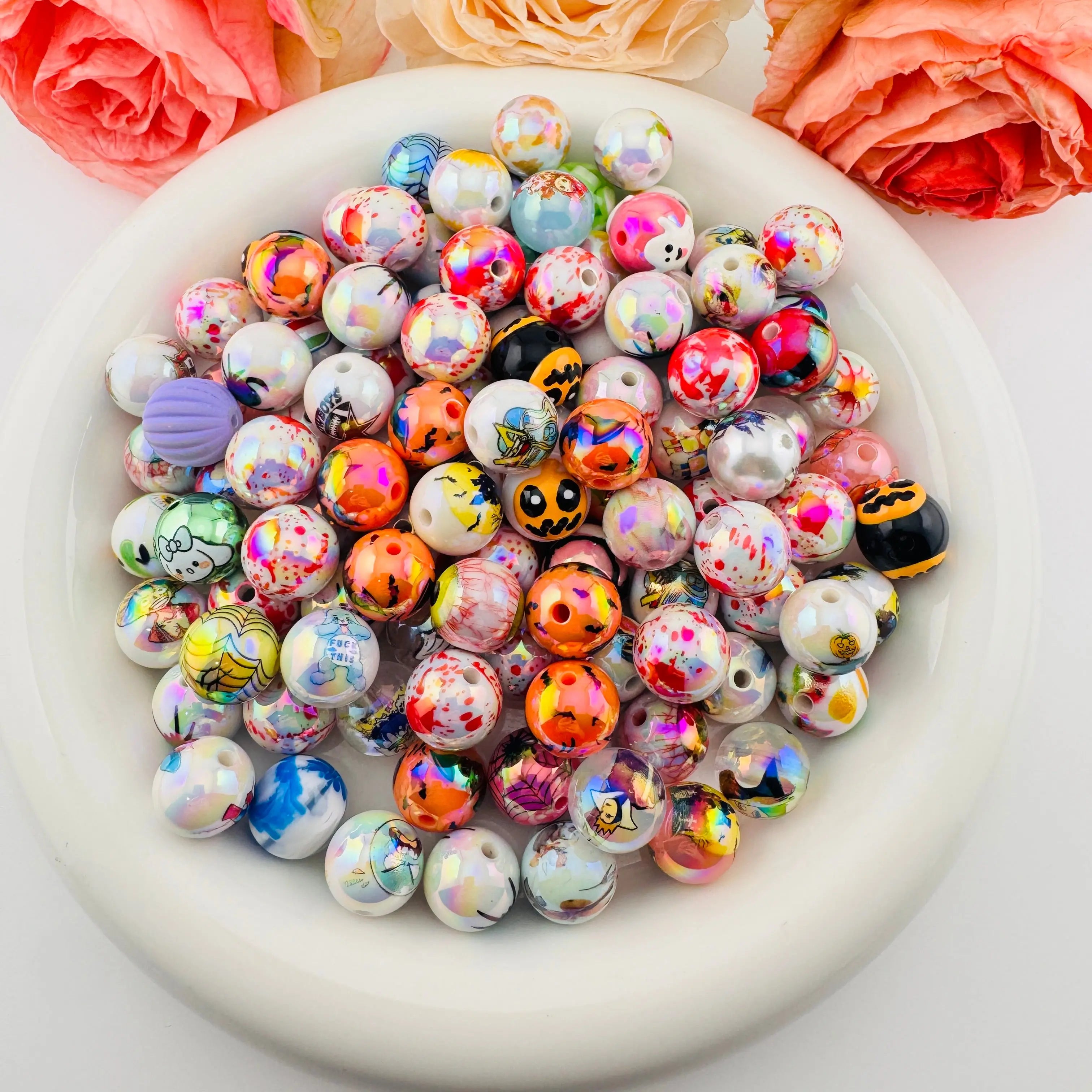 FS18253-Random Mixed Printed Acrylic Beads Zoe DIY Wholesale