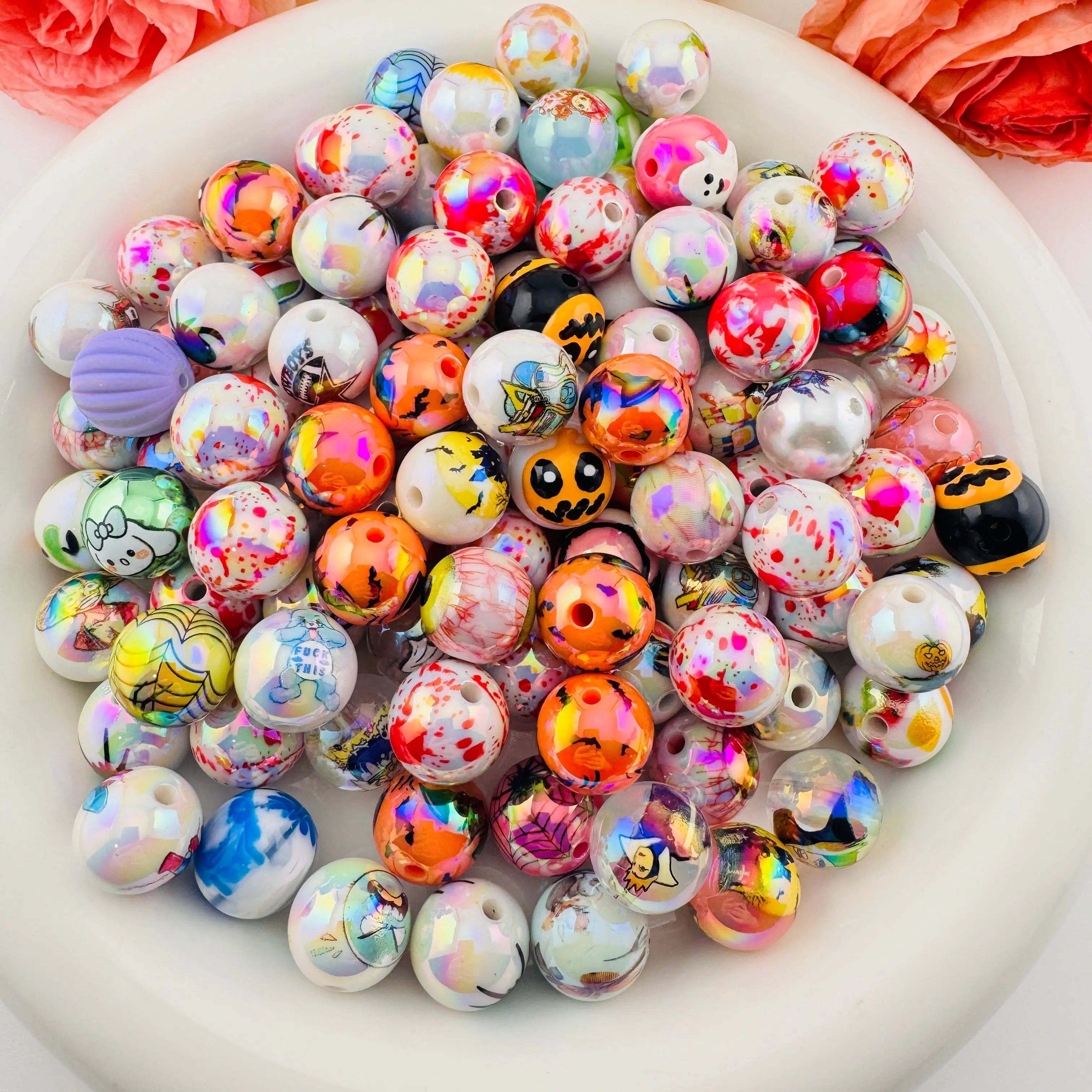 FS18253-Random Mixed Printed Acrylic Beads Zoe DIY Wholesale