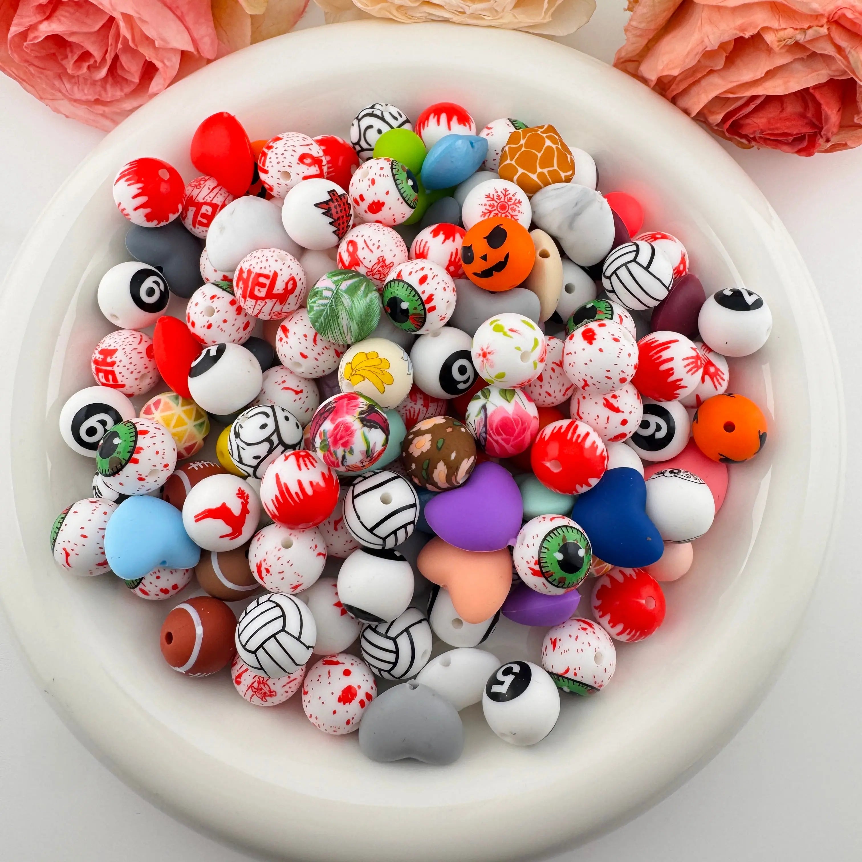 FS18254-Random Mixed Printed Silicone Beads Zoe DIY Wholesale