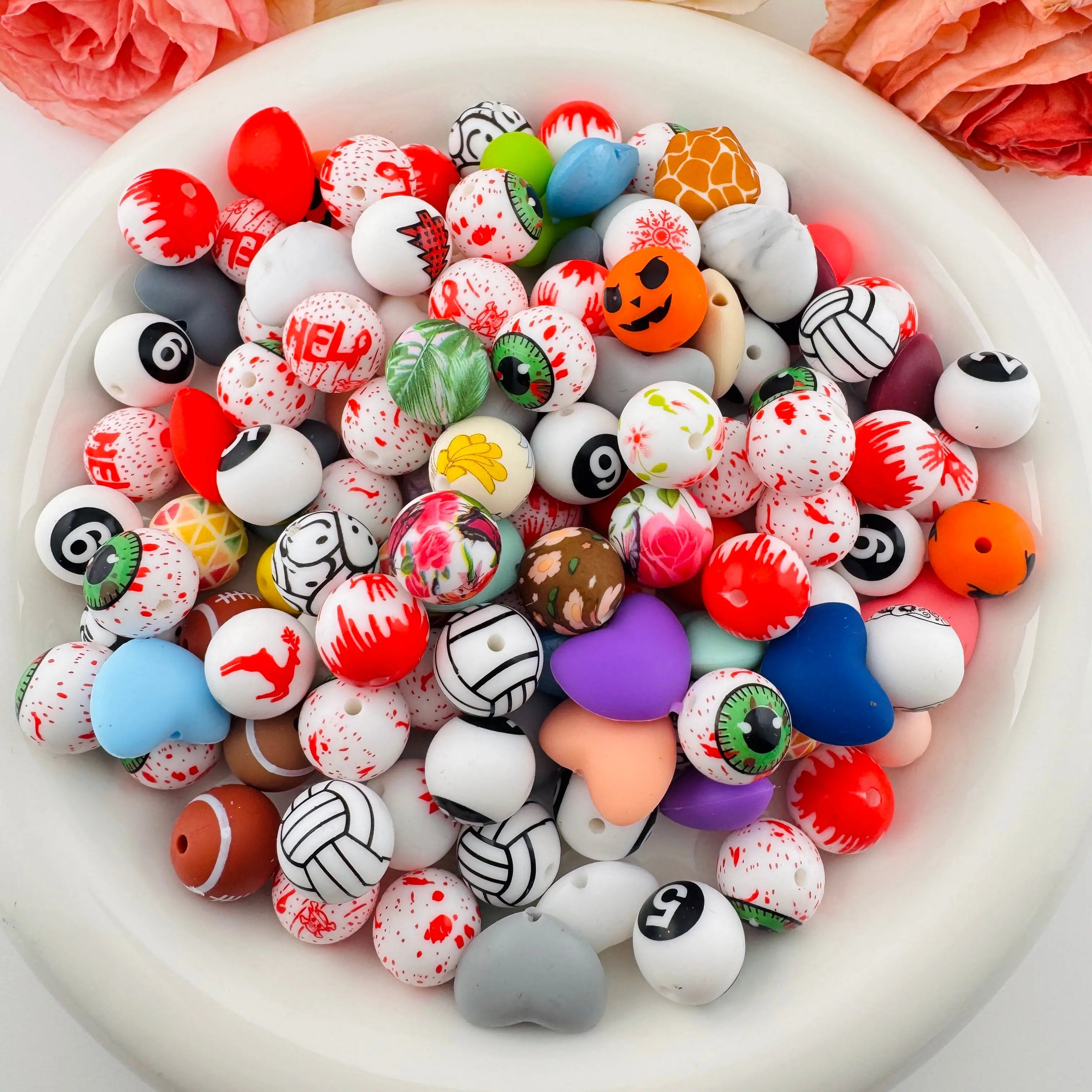 FS18254-Random Mixed Printed Silicone Beads Zoe DIY Wholesale