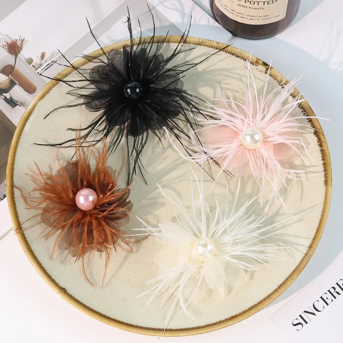 FS3036- 7×5cm Farbic Flower With Feather For Making Fancy Beads Zoe's DIY Shop