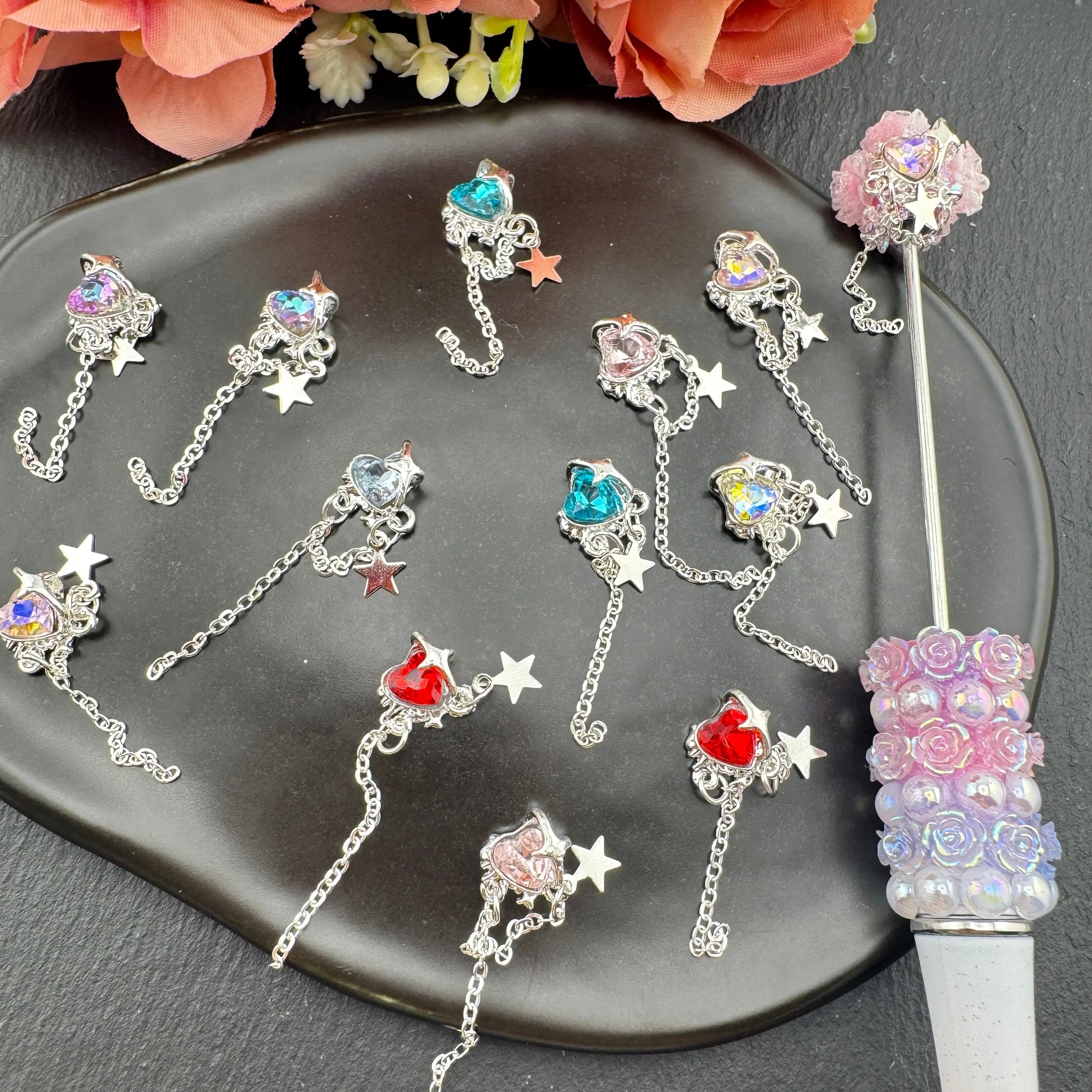 FS5413-Random Mixed Color 11×32mm Crystal Heart Nail Charms With Dangle For Making Fancy Beads Or Fancy Pen For DIY Project Zoe's DIY Shop