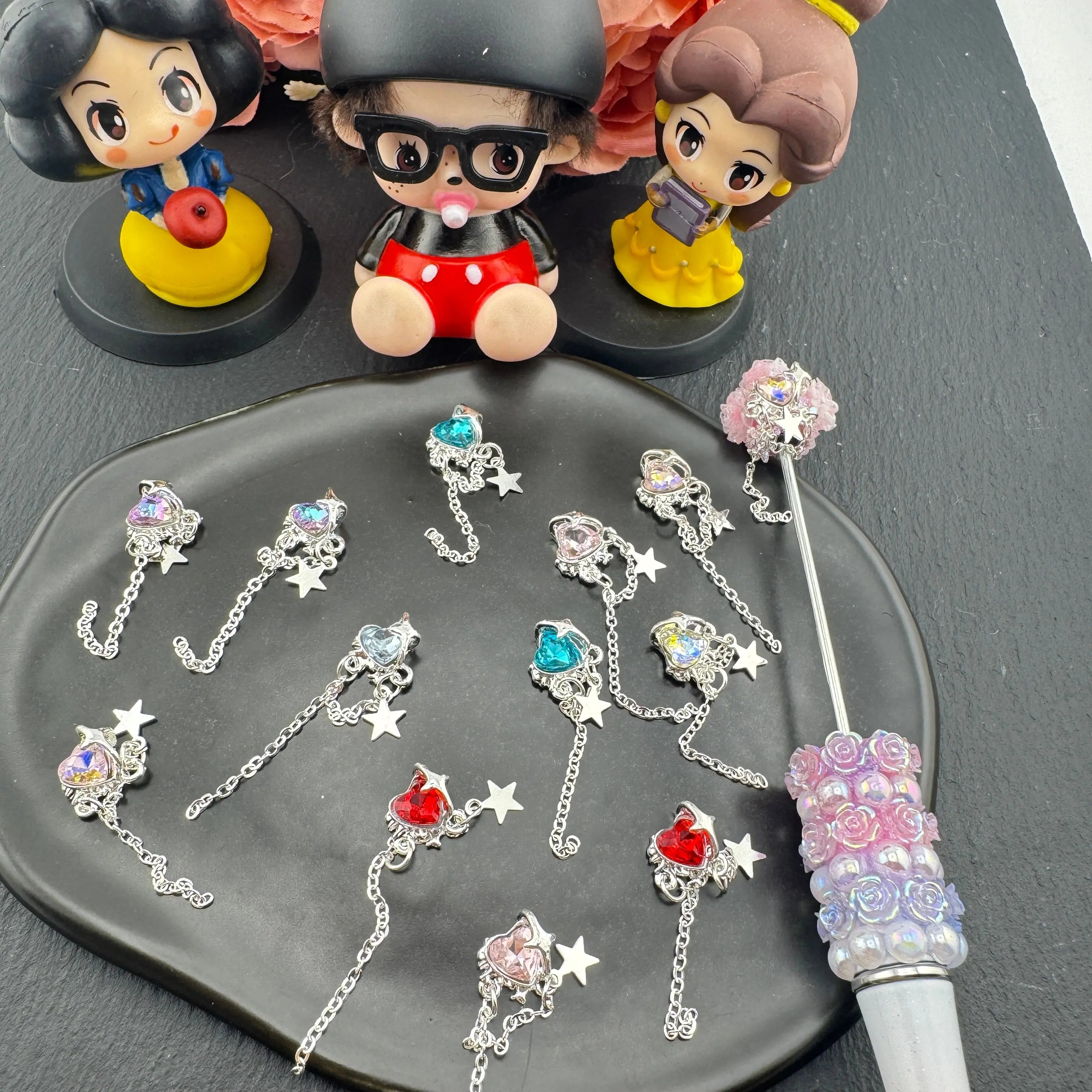 FS5413-Random Mixed Color 11×32mm Crystal Heart Nail Charms With Dangle For Making Fancy Beads Or Fancy Pen For DIY Project Zoe's DIY Shop