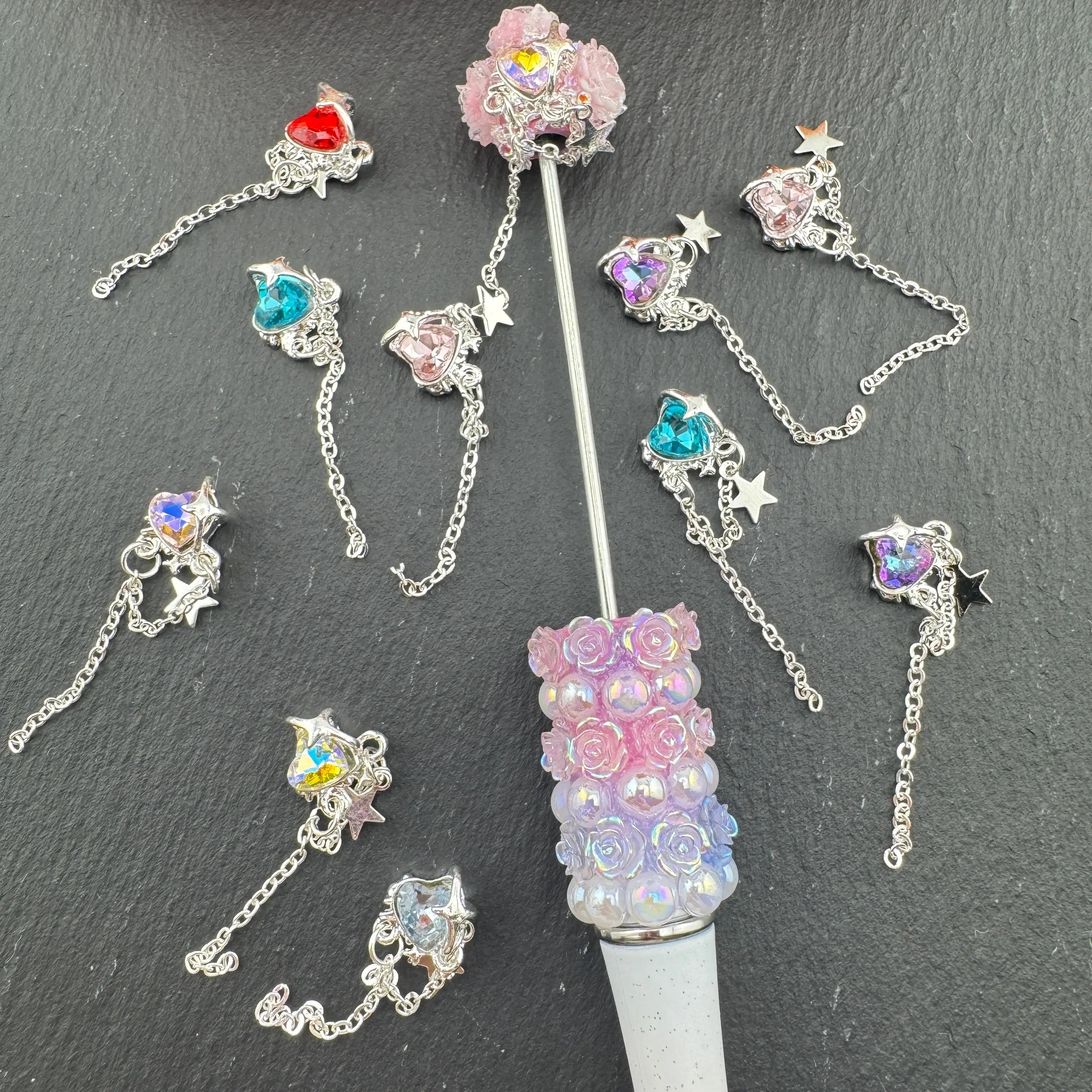 FS5413-Random Mixed Color 11×32mm Crystal Heart Nail Charms With Dangle For Making Fancy Beads Or Fancy Pen For DIY Project Zoe's DIY Shop