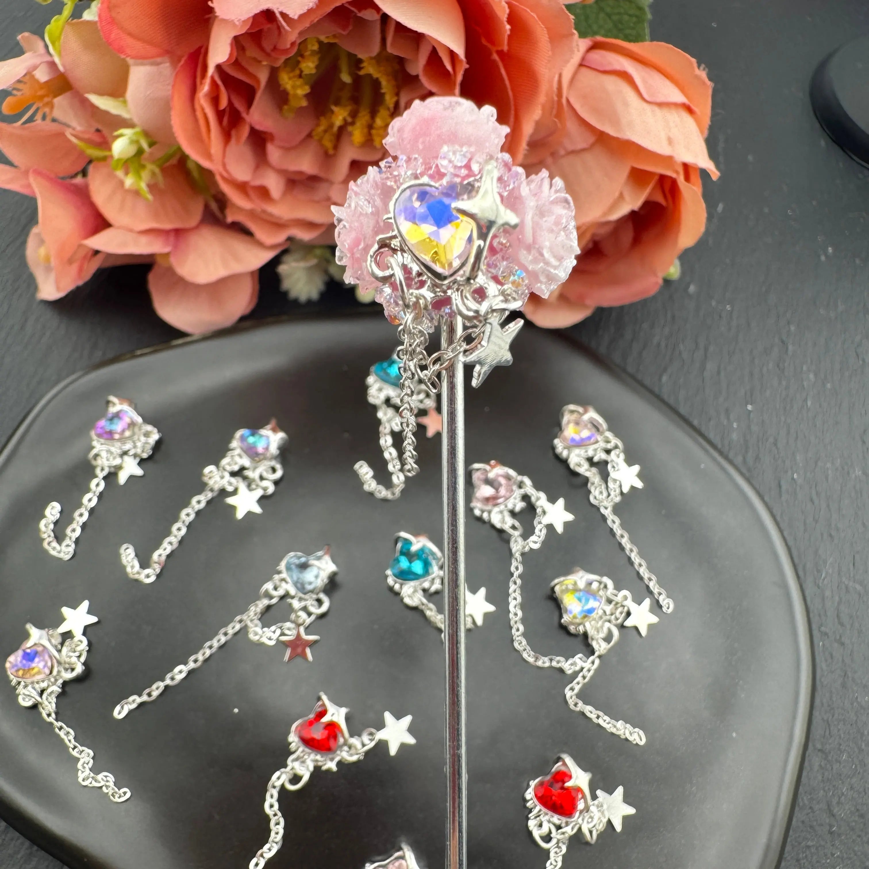 FS5413-Random Mixed Color 11×32mm Crystal Heart Nail Charms With Dangle For Making Fancy Beads Or Fancy Pen For DIY Project Zoe's DIY Shop