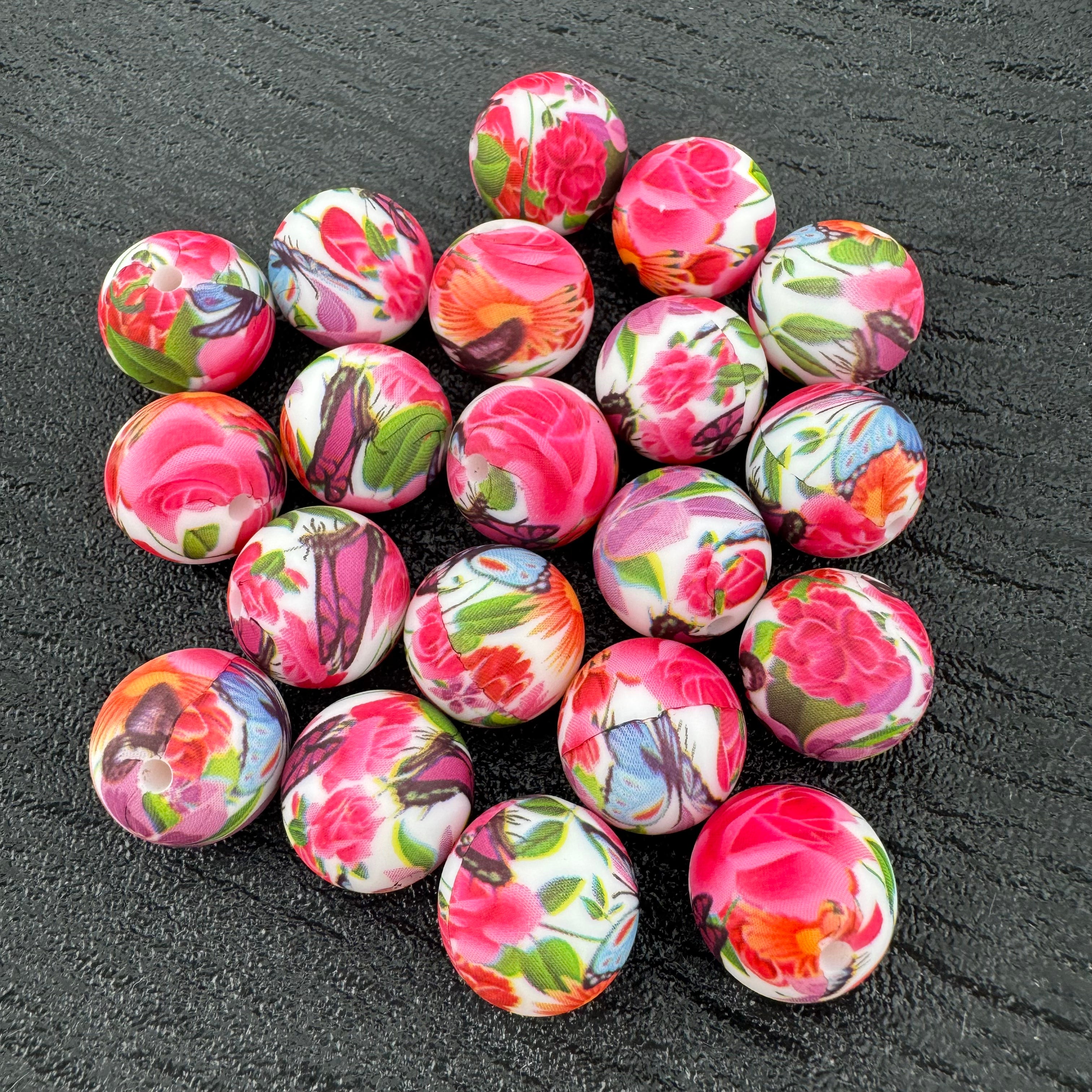 FS1694—15MM Red Flower Printed Silicone Beads Fit For Beadable Pens