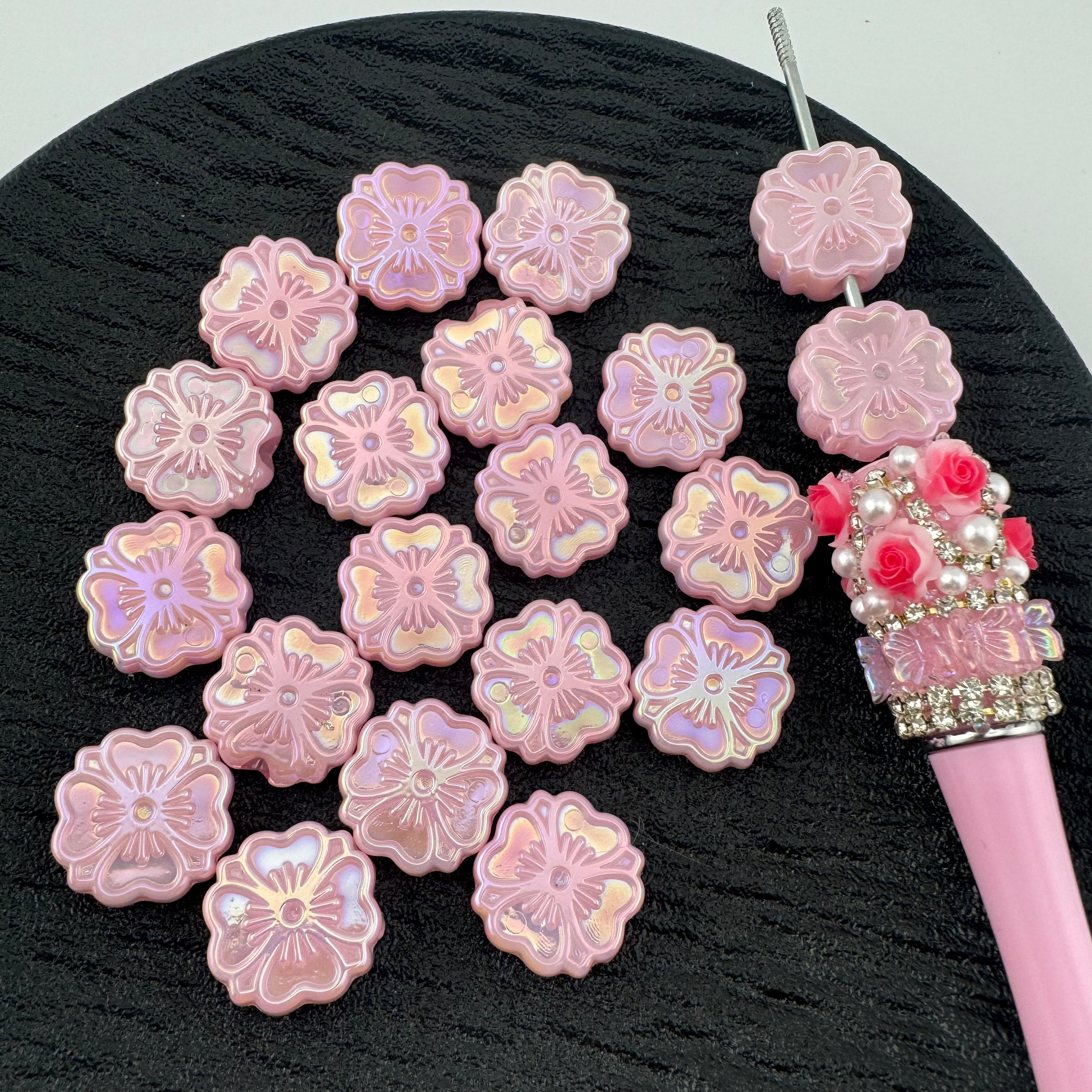 FS1962-Pink UV Shiny Flower Acrylic Beads Fit For Beadable Pens